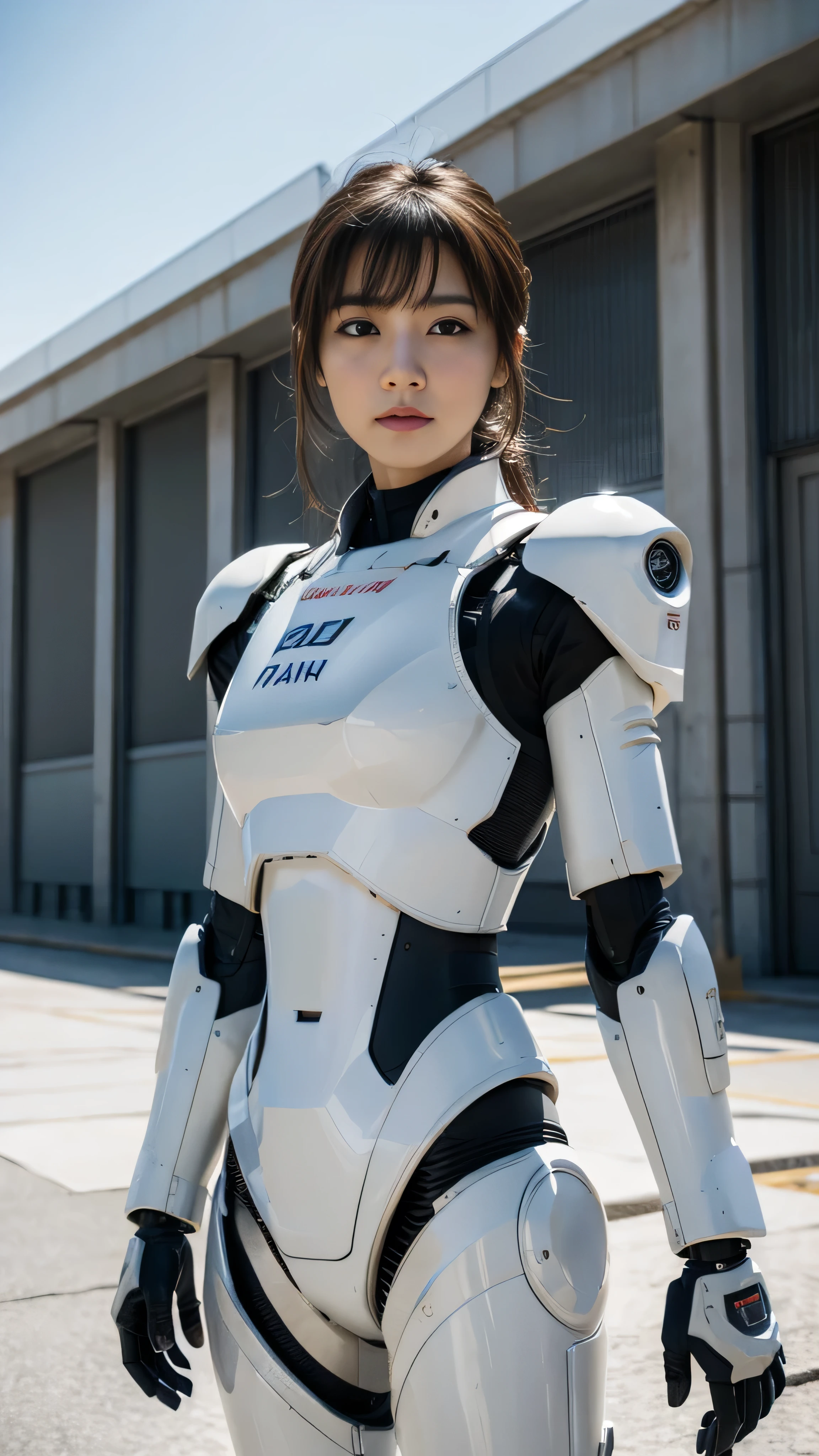 With high definition images, Beautiful Girl Standing in Front of a Robot 、  high definition ,  1 girl, Super  high definition , alone,  Patlabor Pilot ,  face details, 真野恵里菜の face details, In combat uniform、 White Robot,  review, robot pilot 。（ looking at the camera in front of Patlabor at the port facility）