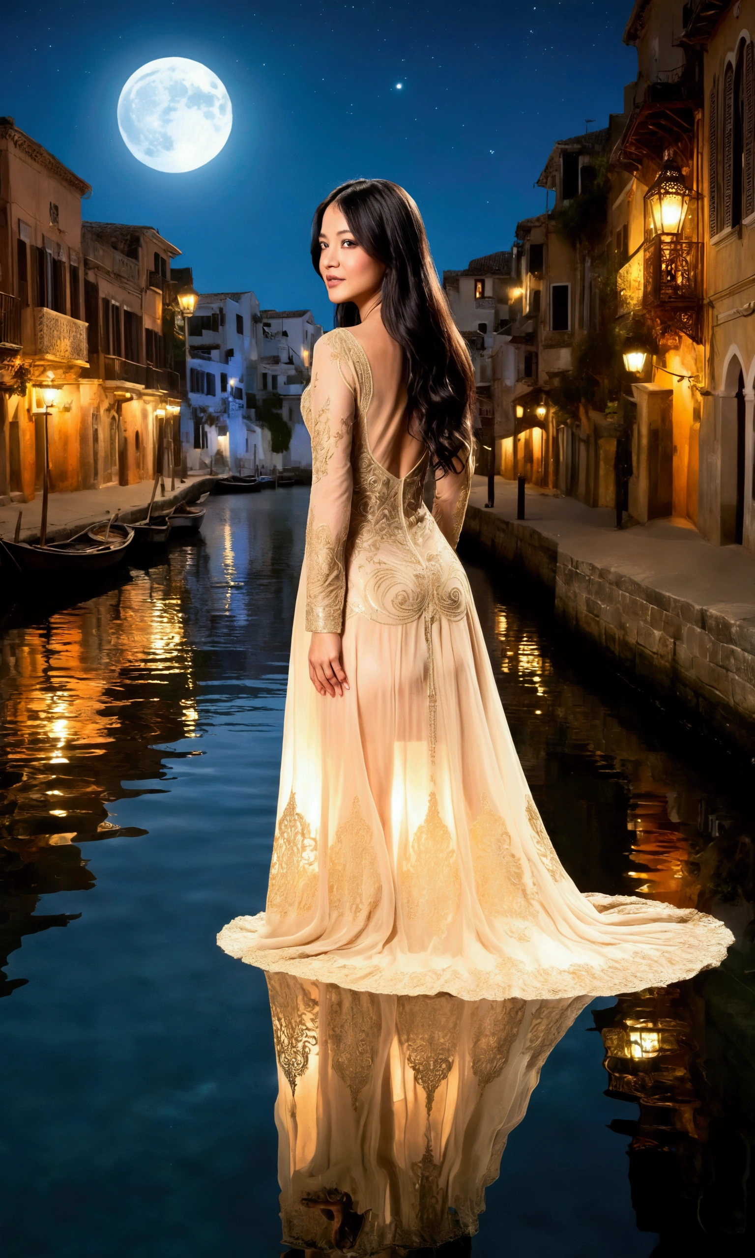 (woman, cute, age 30, long hair, sheer gown no underwear, intricate arcane embroidery) wanders by the coast outside a bright, golden fantasy city, reflected in the water, moonless night