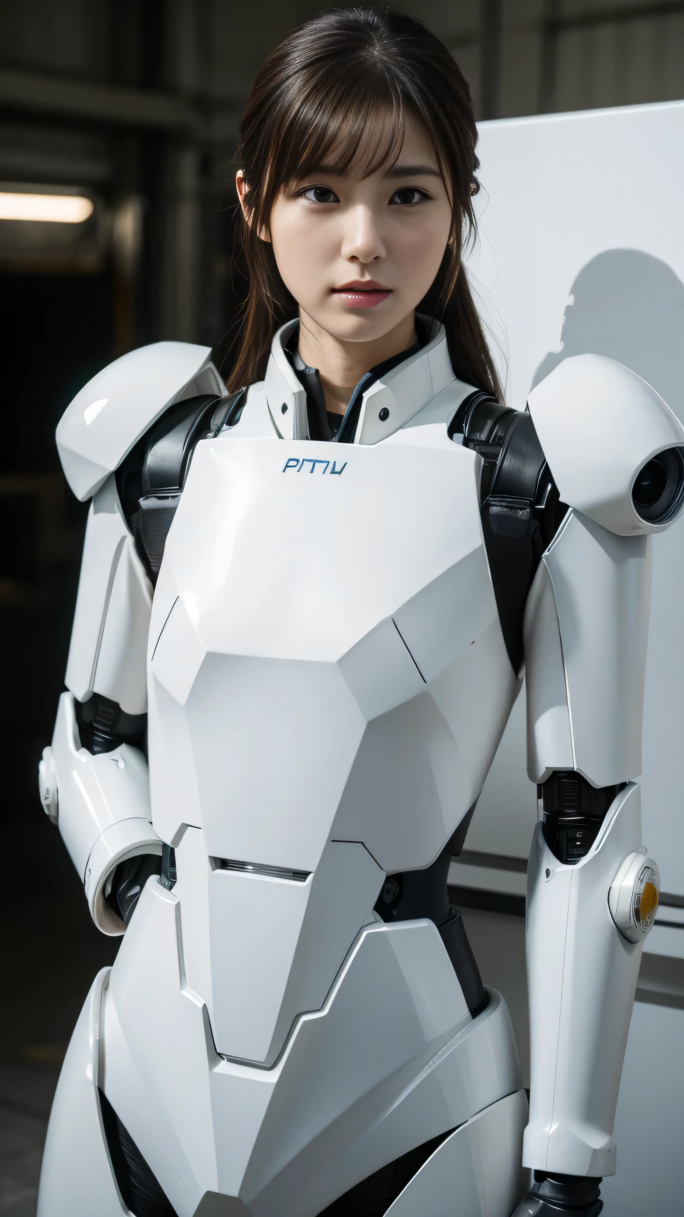 With high definition images, Beautiful Girl Standing in Front of a Robot 、  high definition ,  1 girl, Super  high definition , alone,  Patlabor Pilot ,  face details, 真野恵里菜の face details, In combat uniform、 White Robot,  review, robot pilot 。（ looking at the camera in front of Patlabor at the port facility）