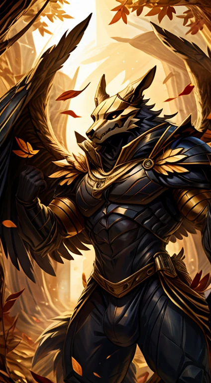 high quality, masterpiece, best detail, full body, front, furry male black wolf wearing black armor with golden feathers and leaves, hands shrouded in golden light, large avatar embodiment around him