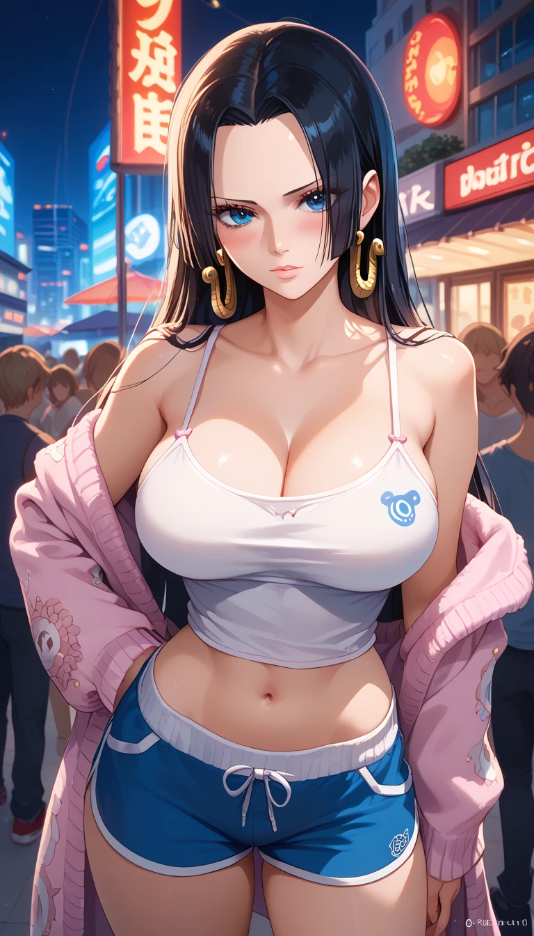 Close mouth,Milf, motherly, Fitgirl, Score_8_up, Score_7_up,  break, Best Quality, Beautiful Skin, Boa Hancock, Black Hair, blue eyes, Long Hair, forehead, Large Breasts, blue dark camisole, open cardigan, dolphin shorts, navel, midriff, looking at viewer, Standing in the middle of the crowd, city background in the middle of the night, blush, embrasing 