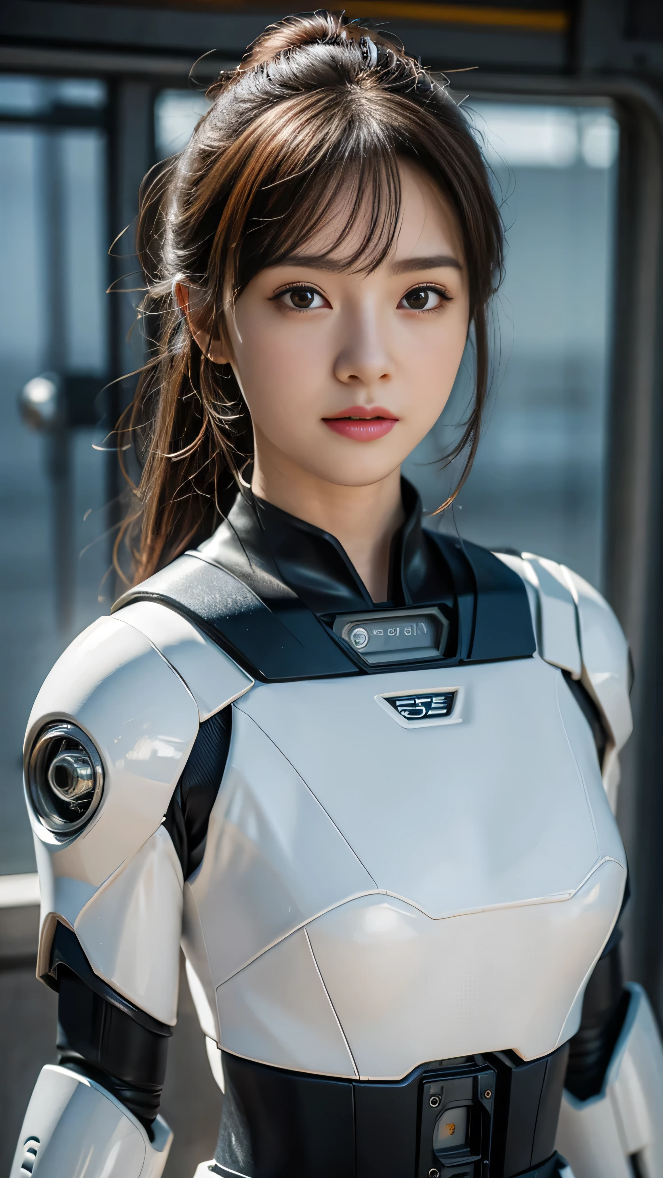 With high definition images, Beautiful Girl Standing in Front of a Robot 、  high definition ,  1 girl, Super  high definition , alone,  Patlabor Pilot ,  face details, 真野恵里菜の face details, In combat uniform、 White Robot,  review, robot pilot 。（ looking at the camera in front of Patlabor at the port facility）