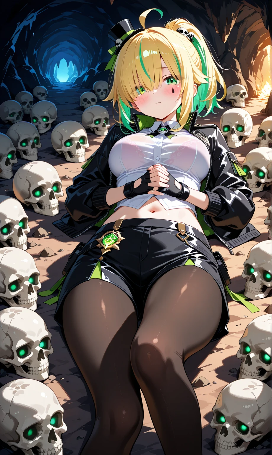 1girl, solo, skull_on_head, bra visible through clothes, teardrop facial mark, green hair, yellow hair, blush, hair over eyes, ahoge, (vertical:1.2(split-color_hair:1, 3)), long hair, ponytail, short ponytail, green eyes, breasts, pantyhose, high weist short, open jacket, open clothes, clothing cut out above navel, black jacket, mini hat, mini top hat, skull pillows,own hand clasped, short short, fingerless glove, BREAK, skull of field, surrounded by skull, lying, on back, laying on back, life like, (visual impact:1.2), inside (cave:1.2), masterpice:1.2, best quality:1.3, high detailed:1.1, absurdres:1.2, dramatic lighting:1.2,intricate detail:1.2,close-up