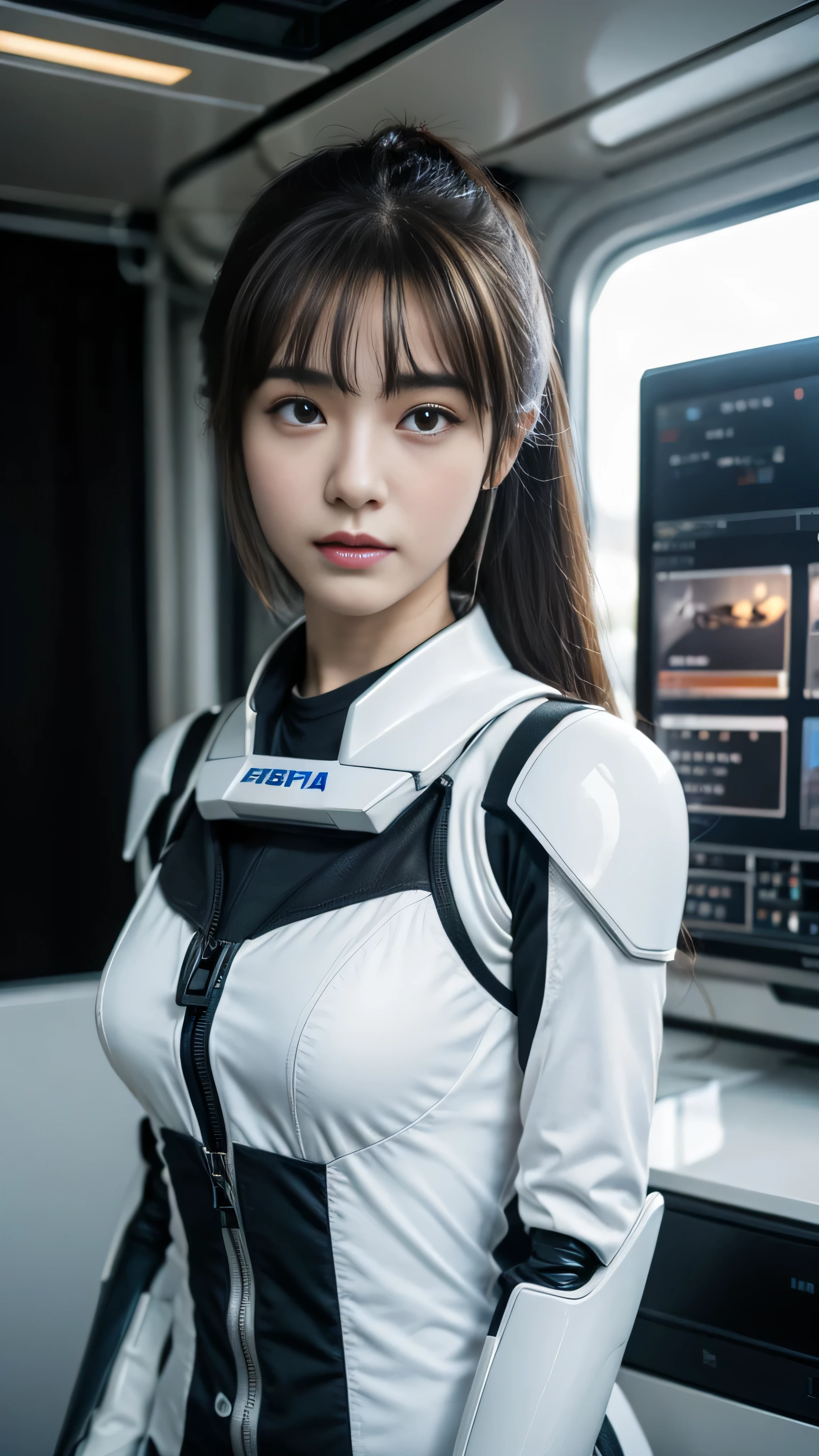 With high definition images, Beautiful Girl Standing in Front of a Robot 、  high definition ,  1 girl, Super  high definition , alone,  Patlabor Pilot ,  face details, 真野恵里菜の face details, In combat uniform、 White Robot,  review, robot pilot 。（ looking at the camera in front of Patlabor at the port facility）