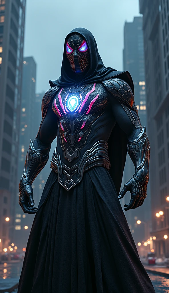 In comic book style, Nightwatcher to nastoletni superbohater o niezwykle intrygującym wyglądzie. His costume is made of flexible spandex and nanomaterials., which gives it both flexibility, as well as protection. The dominant colors in the outfit are dark gray., czerwony i granatowy, which create a strong contrast and give it a menacing look, but dynamic character. Nosi zaawansowany technologicznie hełm o aerodynamicznym kształcie. Its surface has integrated white bionic sharp owl-style eyes. There is a unique emblem on the chest, which is inspired by four animals: węgorzem, a spider, snow leopard and owl. His hands, łokcie, the shoulders and waist are decorated with round emblems. The whole costume has an eel-style pattern, snow leopard and spider. He stands in a dynamic pose on the roof of a building at night..