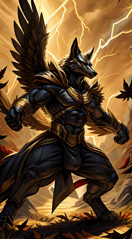 high quality, masterpiece, best detail, full body, front view, furry male black wolf in black armor with golden feathers and leaves, hands shrouded in golden light, in fighting stance, summons lightning