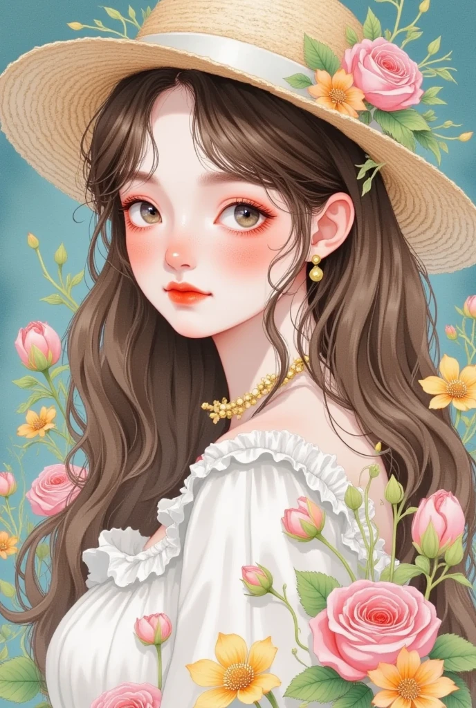 There is a picture of a girl wearing a hat and a flower, artstrationTrend , 🤤 Portrait of woman,  cute art style,   created in Bowater's art style  , 水彩插画风格,  cute portrait, Exquisite painting style,  high quality portrait, Girl with a wreath, 🍁  cute, 8K)), Mei Qing, Beautiful digital illustrations, author：unbelievable