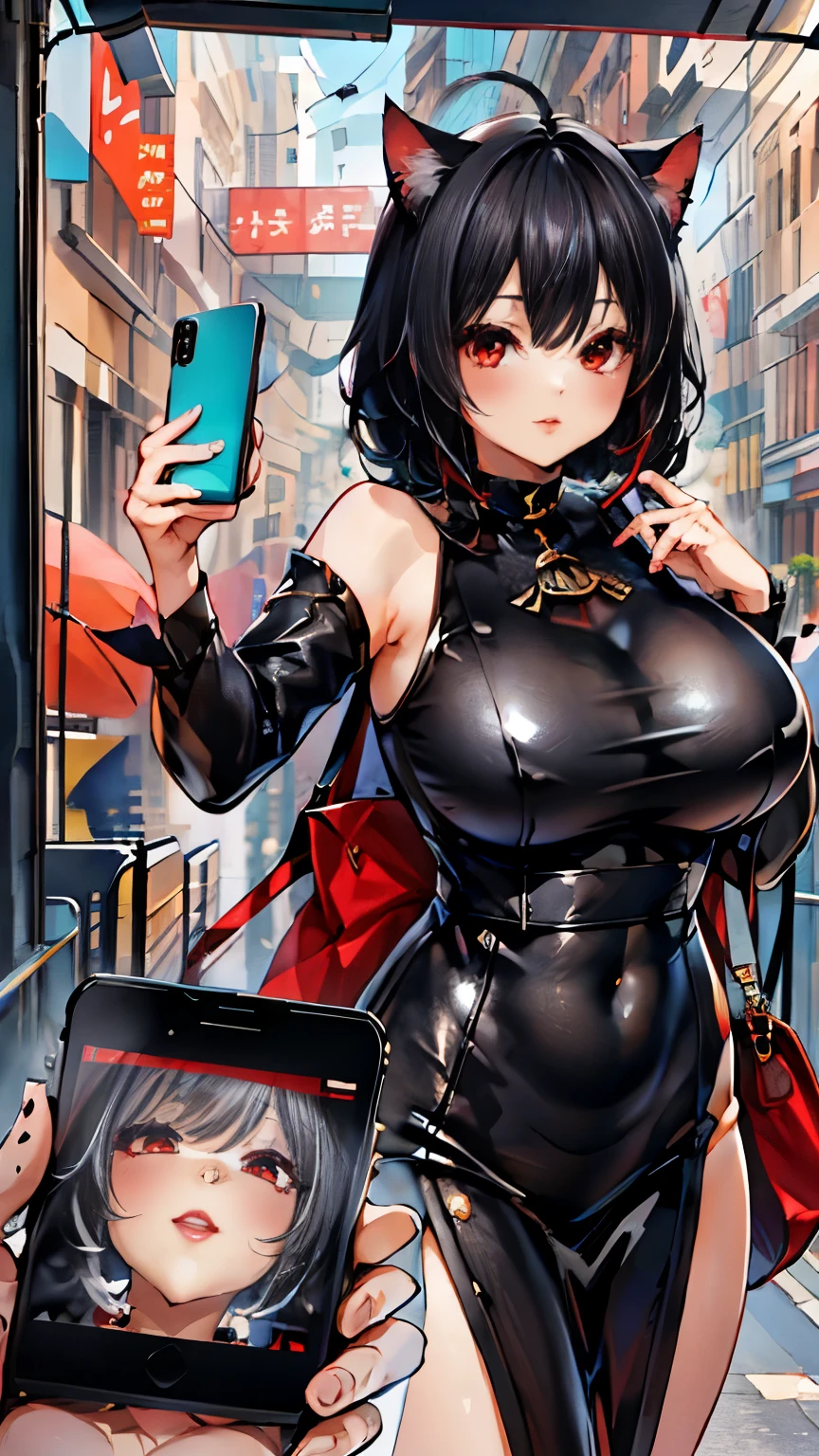 A  photographture_,Huge ,( mature woman : a junkotvv black hair, fringe, cat ears, red eyes),phone,携帯phone,smartphone,portable, photograph