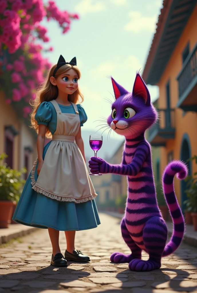 Generate an illustration from the book Alice in Wonderland, episode of conversation between Alice and the Cheshire cat