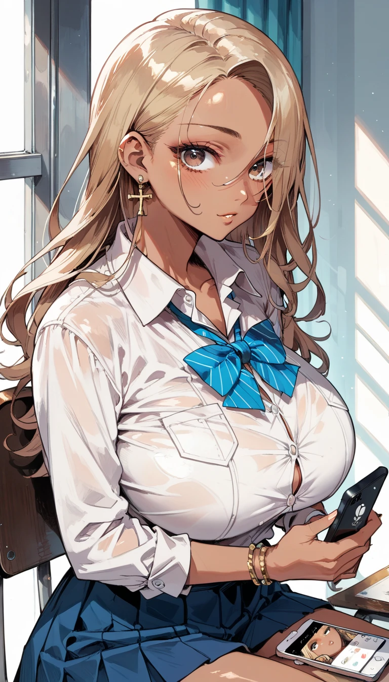 score_9, score_8_up, score_7_up,(hi-quality,high resolution),(brown skin:1.3),big eyes,Clear Eyes,Perfect Eyes,(forehead,long hair over one eye),((side parted hair)),Blonde,Long Hair,Straight Hair,Delinquent Girl,gal,((huge breasts)),((curvy)),(wide hip),(brown skin:1.3),jk,school uniform,sitting in a chair,cross your legs,cowboy shot,dynamic angle,look at smartphone, hold smartphone