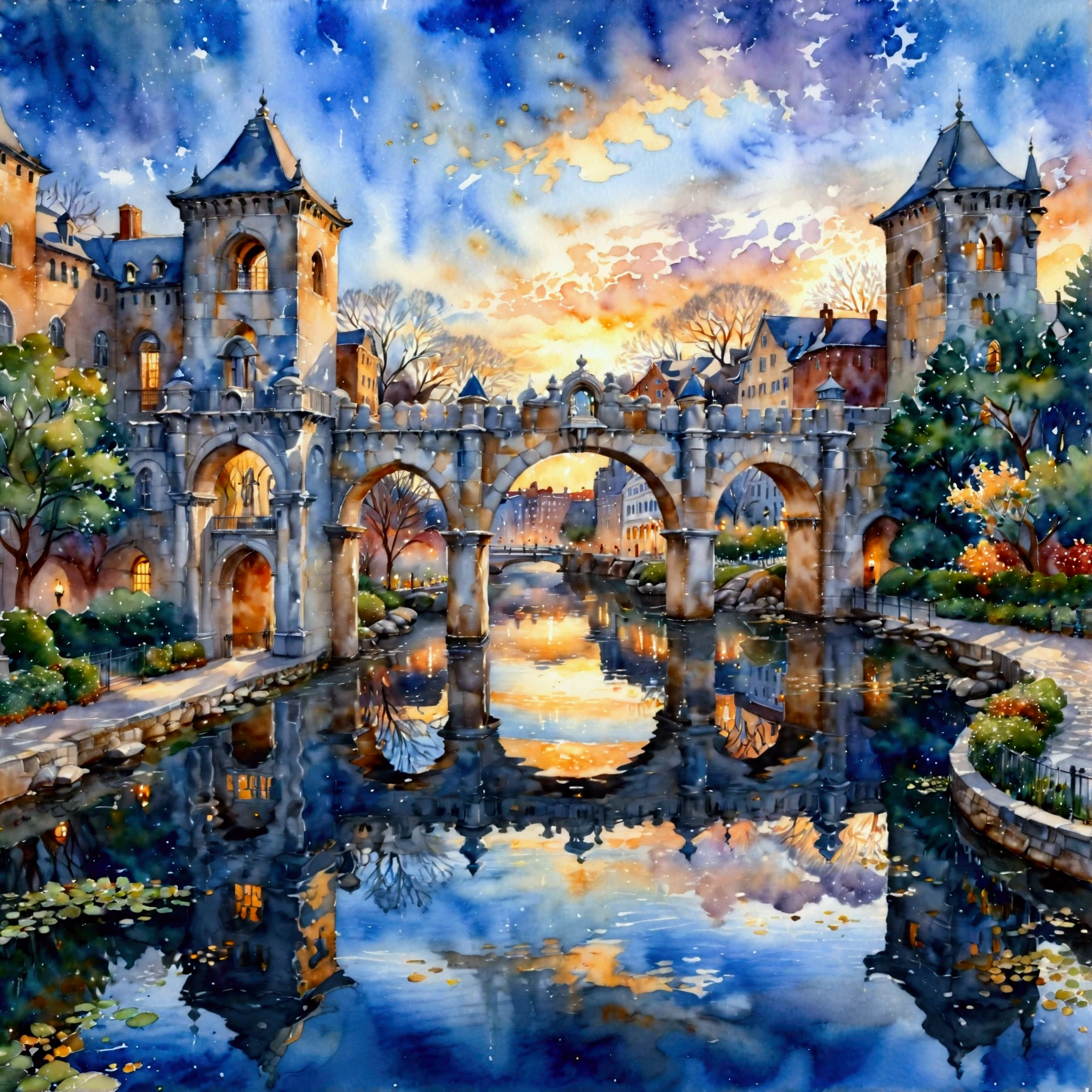 A watercolor-style illustration of a cityscape featuring a grand water gate prominently reflected on the calm surface of a lake. The water gate is an impressive structure, with intricate arches and stone details, standing as the centerpiece of the scene. The surrounding city includes charming buildings with warm lights glowing softly, creating a serene and magical atmosphere. The lake’s surface is smooth, mirroring the water gate and city with delicate ripples, emphasizing the reflection as a key focal point. The watercolor brushstrokes are soft and fluid, using muted tones of blue, gray, and warm golden hues to enhance the peaceful and picturesque setting, (watercolor style, cityscape, grand water gate, lake reflection, intricate arches, stone details, calm water, delicate ripples, warm glowing lights, serene atmosphere, muted tones, blue, gray, golden hues, soft brushstrokes, picturesque, magical)