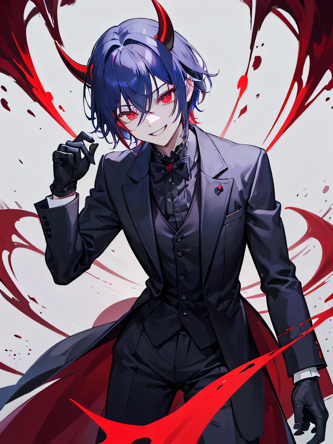 A handsome man, demon, butler, insane smiling, red crimson eyes color, dark blue hair color, demon horns, demon tails, twenty-seven-years-old, insane laughing, wearing black gloves, insanity, psychopath, psycho, blood orb, demon king