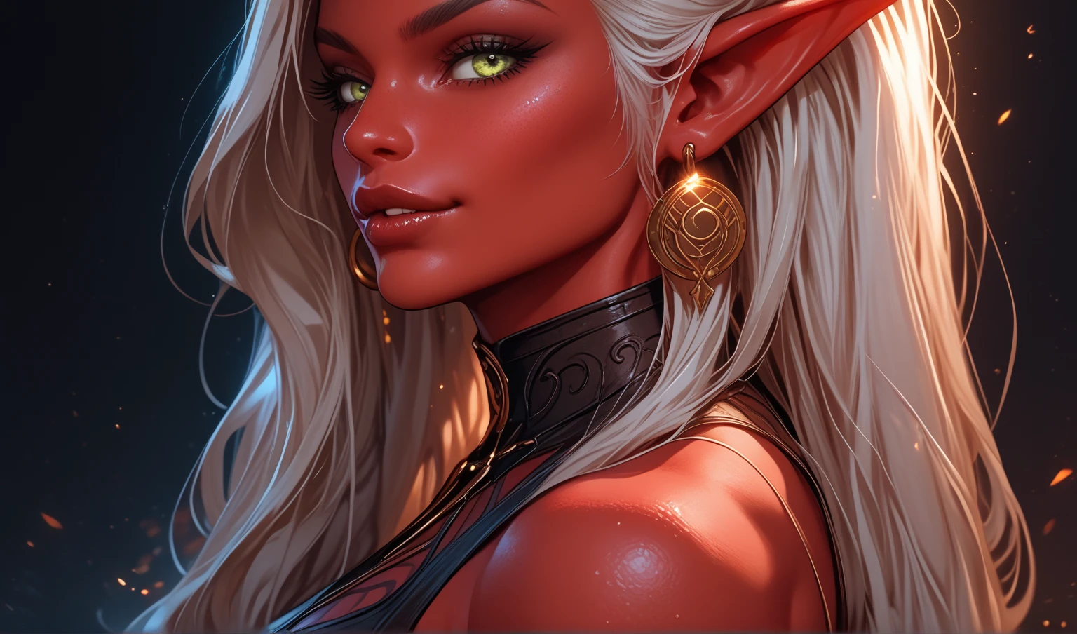 1 girl, A Tiefling,  Long hair,  high definition , earrings, Legs out of frame, персонаж далеко, athletic body,  pretty face,  young , Red skin, Dark background, Точность, Высокое качество, В профиль, 