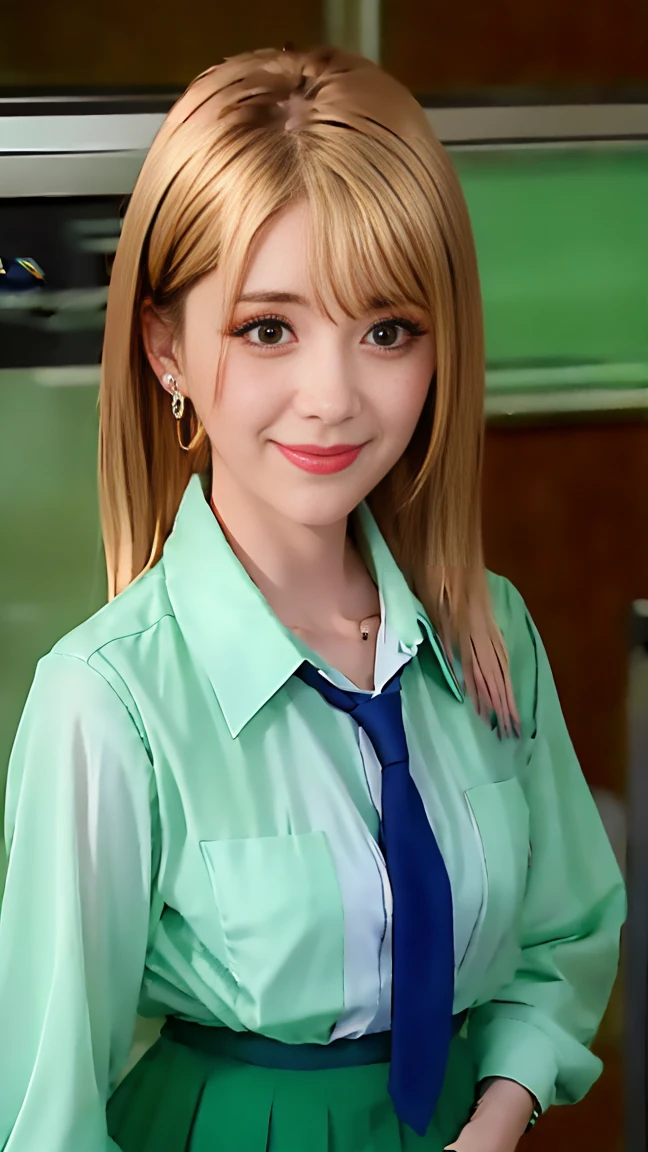 Close-up of one woman、A 35mm masterpiece, whole body, One girl, Kitagawa_Marine, chest, Blonde_hair, skirt, cleainage, one person in, length_hair, tie, shirt, Earrings, low claineage show of half breast, School_uniform, Looking_in_ever, big_chest, show of half chest, Front hair, ear_Earrings, white_shirt, Selfie, red面, red_eyes, pleined_skirt, smile, Sitting, collared_shirt, in, earrings, fix, jewelry,  clavicle , Closed_m outside h, pink_nails, :q, machine, in_other_eye, green_skirt, barbell_Earrings, nail_Grinding, length_sleeines, multicolored_hair, black_tie, fingernails, Industrial_Earrings