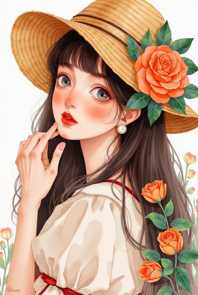   has a drawing of a girl wearing a hat and a flower, Mei Qing's colored pencil sketch  , pixiv, Rococo, artstrationTrend , 🤤 Portrait of woman,  cute art style,   created in Bowater's art style  , 水彩插画风格,  cute portrait, Exquisite painting style,  high quality portrait, Girl with a wreath, 🍁  cute