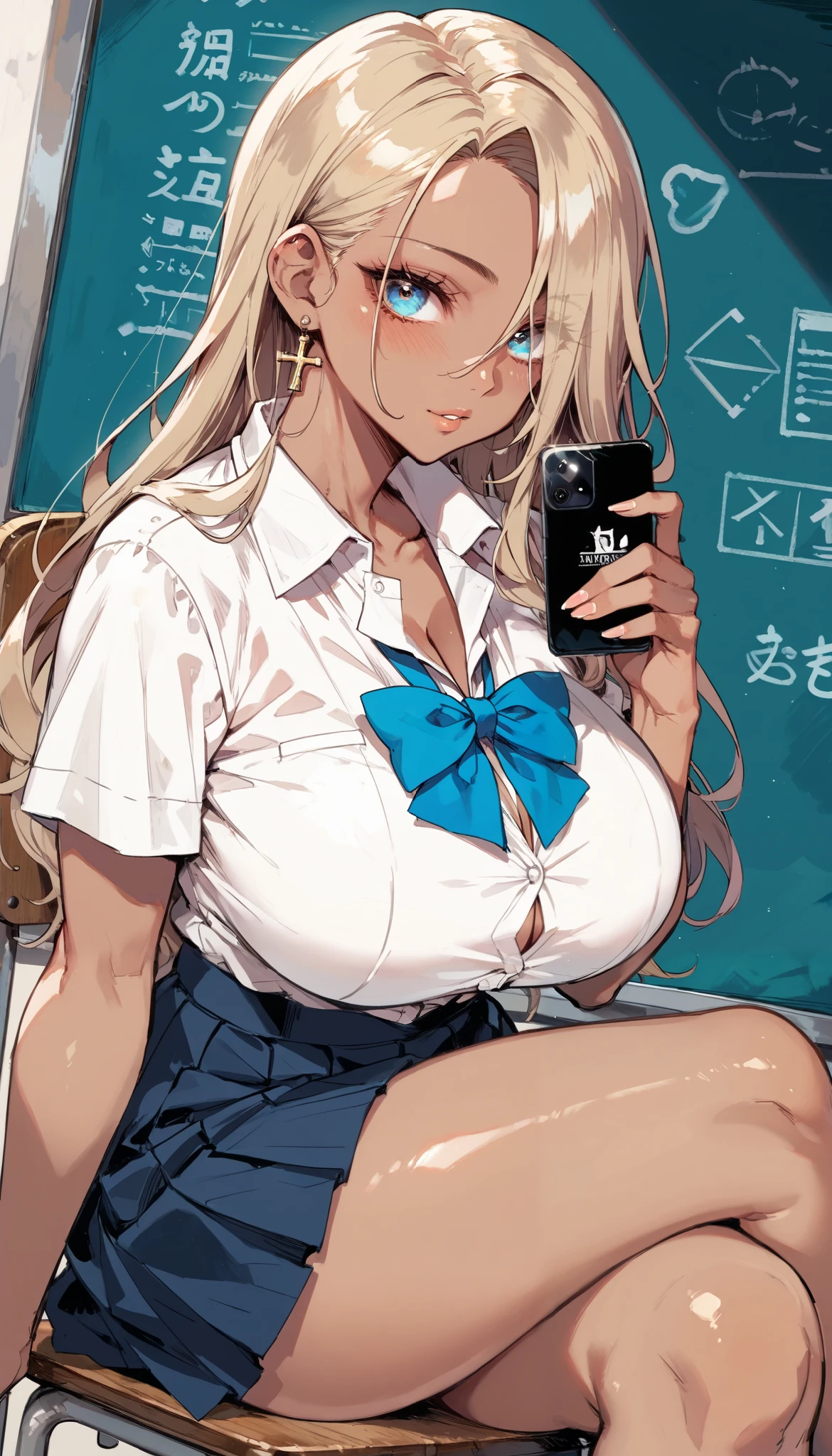 score_9, score_8_up, score_7_up,(hi-quality,high resolution),(brown skin:1.3),big eyes,Clear Eyes,Perfect Eyes,(forehead,long hair over one eye),((side parted hair)),Blonde,Long Hair,Straight Hair,Delinquent Girl,gal,((huge breasts)),((curvy)),(wide hip),(brown skin:1.3),jk,school uniform,sitting in a chair,cross your legs,cowboy shot,dynamic angle,look at smartphone, hold smartphone
