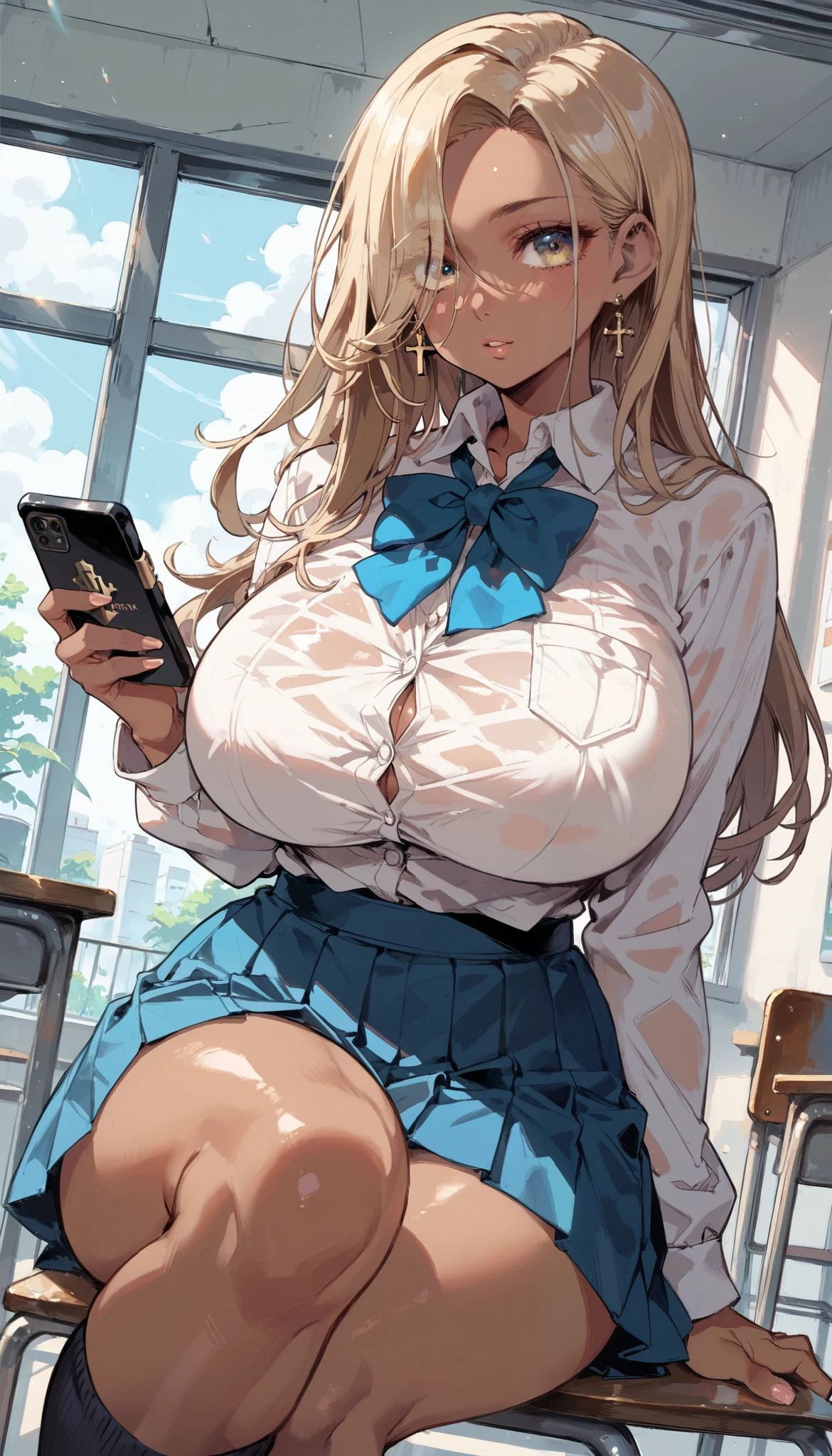 score_9, score_8_up, score_7_up,(hi-quality,high resolution),(brown skin:1.3),big eyes,Clear Eyes,Perfect Eyes,(forehead,long hair over one eye),((side parted hair)),Blonde,Long Hair,Straight Hair,Delinquent Girl,gal,((huge breasts)),((curvy)),(wide hip),(brown skin:1.3),jk,school uniform,sitting in a chair,cross your legs,cowboy shot,dynamic angle,look at smartphone, hold smartphone