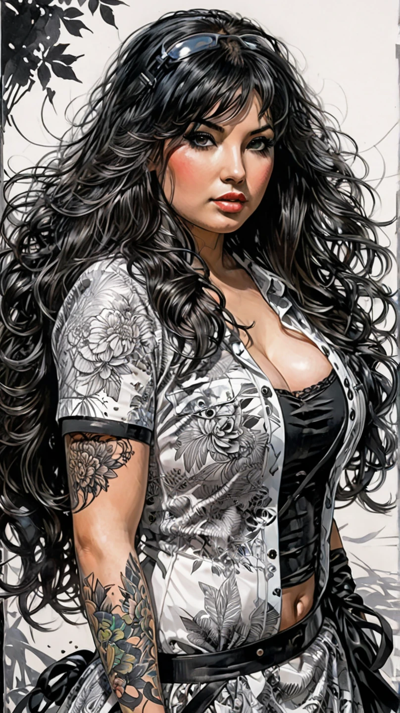  Ashley Alexiss dressed with black electrical tape ,center of the face, dress with black electrical tape , anime ::Jason Fabok e estilo Yoji Shinkawa ::2.0 comix illustration style, tattoo style ,  comic book style  ,  beautiful woman with ultra detailed long hair, (beautiful and clear background:1.2), , fantastic paintings , graphite style;jungle, flower, Highly detailed eyes ,  a t-shirt or dress with a white blouse underneath, position, a bracelet,  with long black hair , , pysics moving
