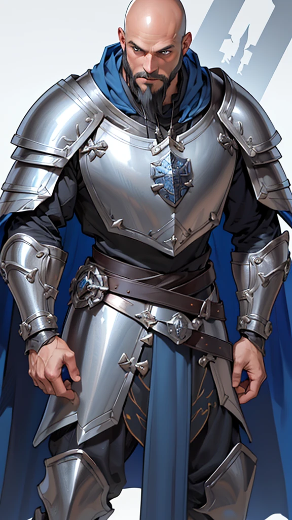 MASTERPIECE, Medieval background, Old, ((black beard)) ((realistic)), ,Waist, 1man, solo, male, strong, ((mature male)), ((bald)), ((silver armor and blue cloak)), Straight posture, detailed blue eyes, medieval outfit)), ((paladin)) ((determinated face)), ((facial hair)), ((paladin outfit)), FULLBODY, white background, fullbody