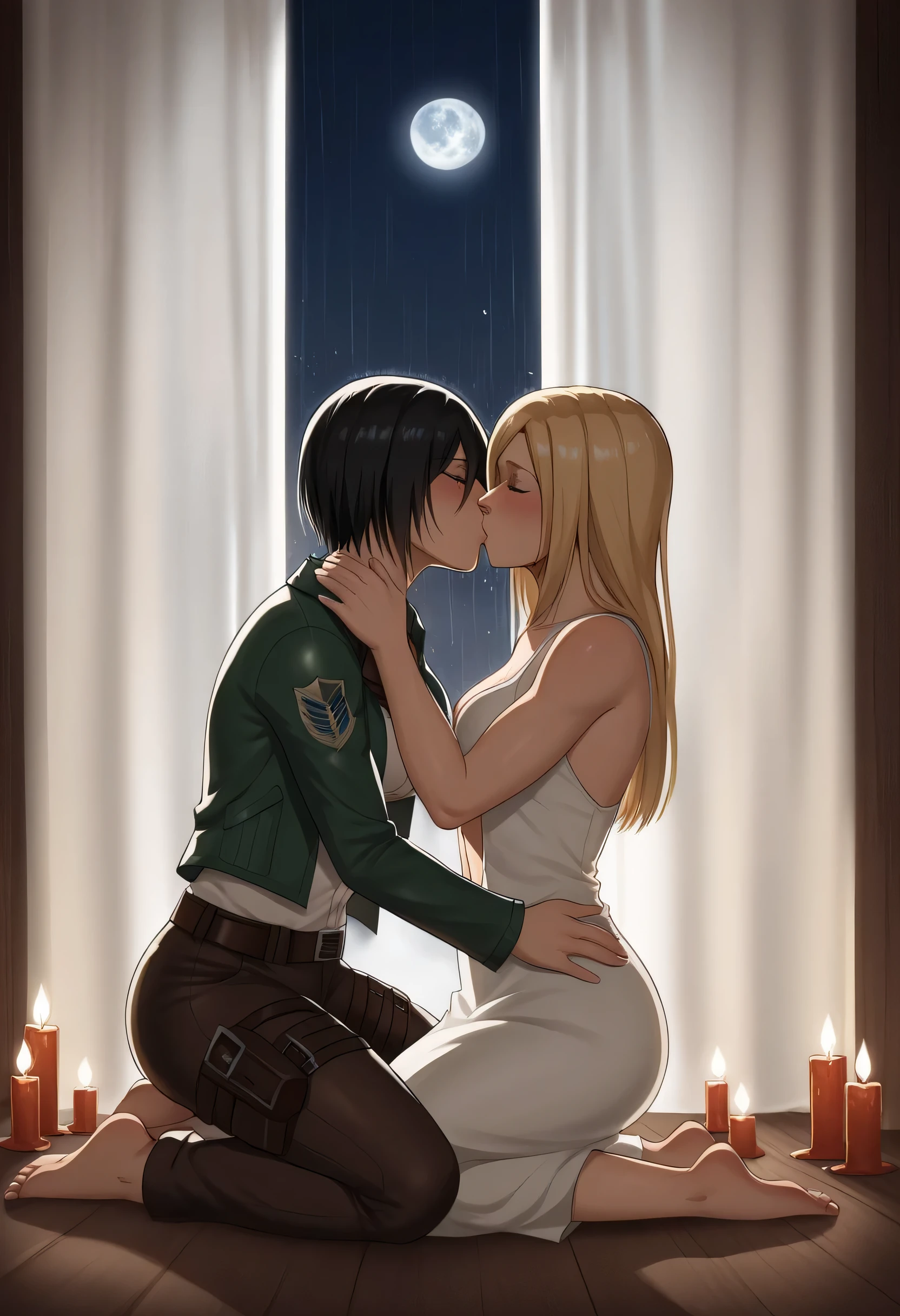 Anime couple kissing in library with bookshelves in the background, From the anime "Attack on Titan", in attack on titan, snk, pin on anime, (attack on titans anime), kissing together cutely, History Reis, Levi Ackerman!!, ❤🔥🍄🌪, Similar to Historia Reis, Shingeki no Kyojin, Attack on Titan, (Blonde girl, with long hair up to the butt, The girl has yellow eyes)