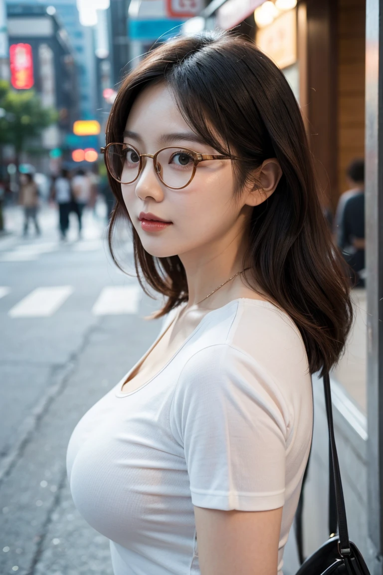 cinematic, Korean woman in her 20s, small smile, wearing glasses, city pop style, side view, stylish Casual wear, super detail