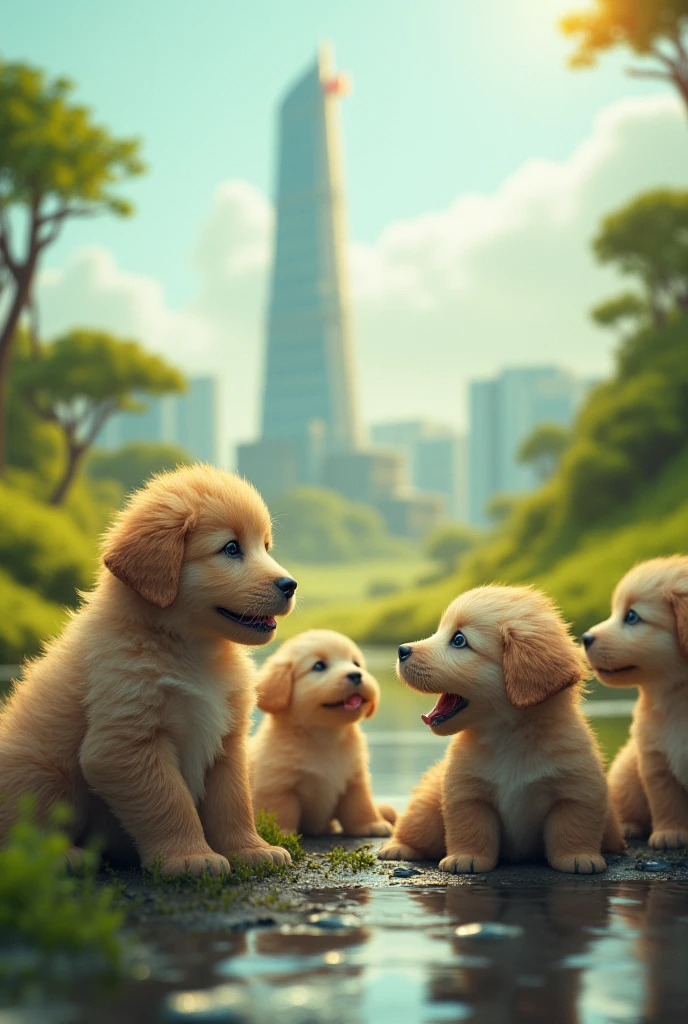 ( pictures of puppies in a landscape)、Puppies look up 、Rear view、( very detailed:1.2)、( Futuristic skyscraper in a puddle in the background:1.1)、( soft writing :1.2)、 high definition 、 film grain