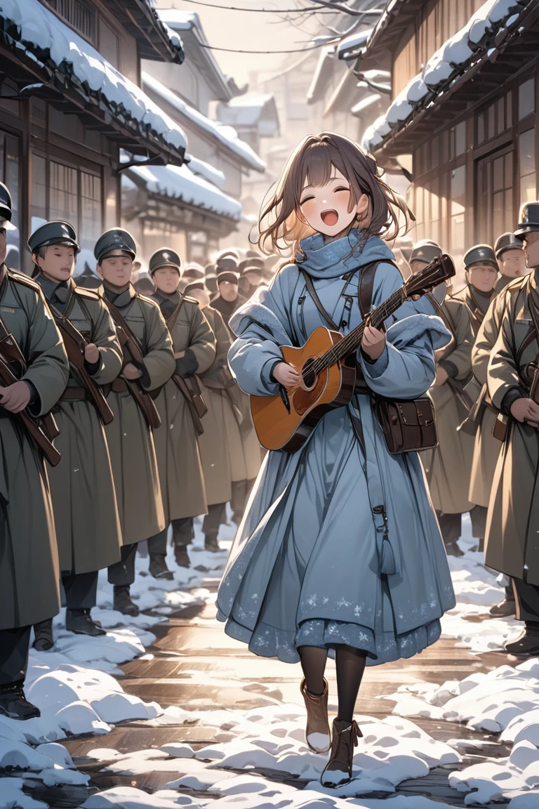 A girl is singing. There is a guard behind. During the winter