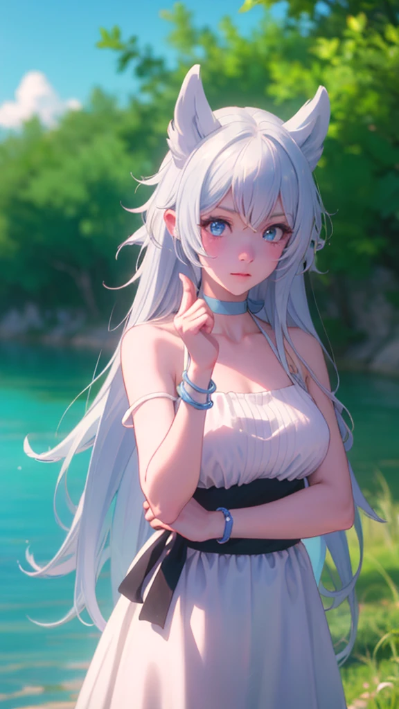 Upper body, photorealistic, (4k), depth of field, (Masterpiece), (realistic skin texture), extremely detailed, intricate, hyper detailed, professional photography, bokeh, high resolution, sharp detail, best quality, girl, white hair, long hair, animal ears, blue eyes, white dress, bracelets, bare shoulders, blue ribbon, chocker, gladiator sandals,dynamic pose, (Random Pose),  Garsen, stream, flowing water, blue sky,