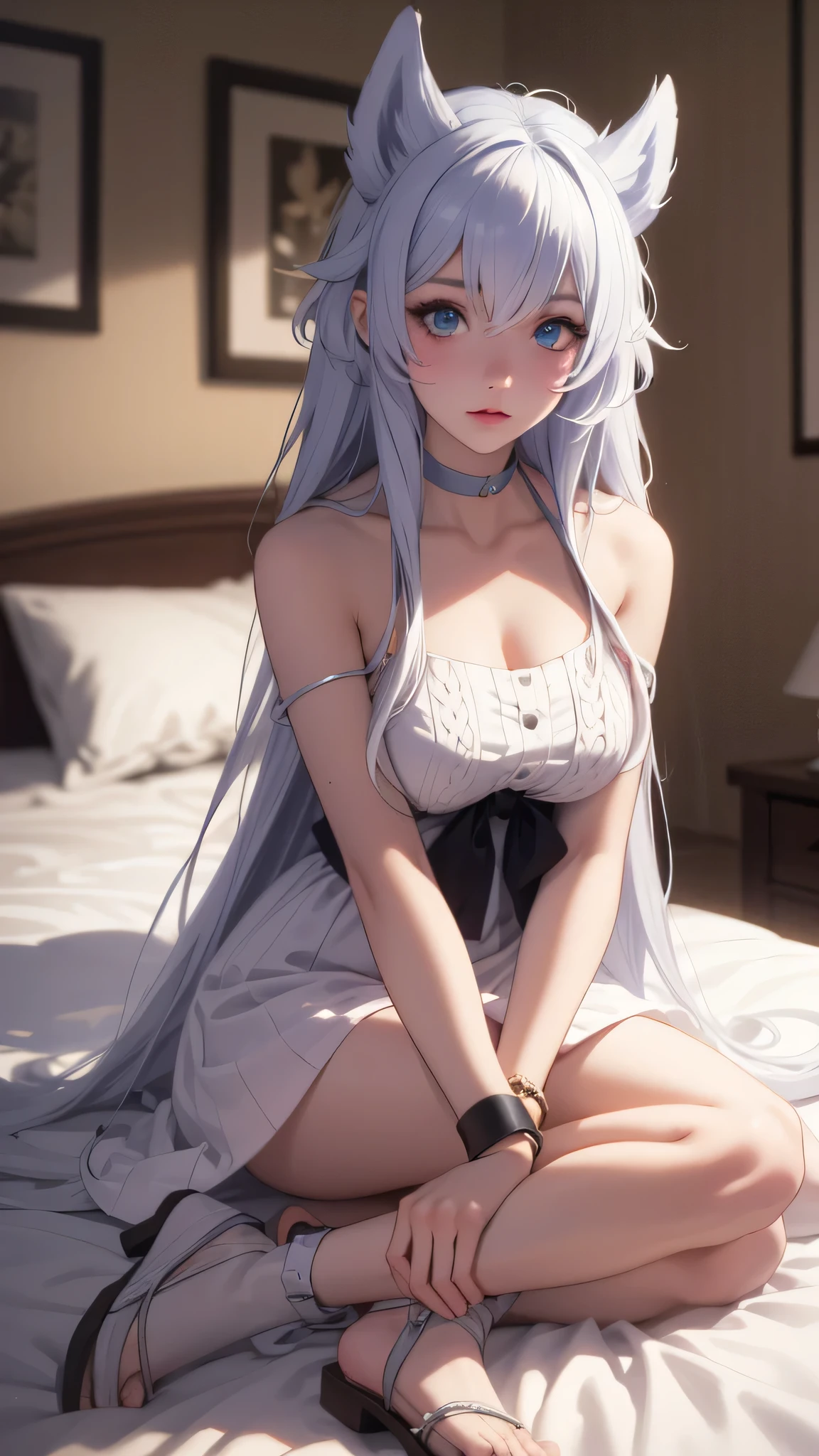 photorealistic, (4k), depth of field, (Masterpiece), (realistic skin texture), extremely detailed, intricate, hyper detailed, professional photography, bokeh, high resolution, sharp detail, best quality, girl, white hair, long hair, animal ears, blue eyes, white dress, bracelets, bare shoulders, blue ribbon, chocker, gladiator sandals,dynamic pose, (Lay down on bed),  Bed room, Sweater