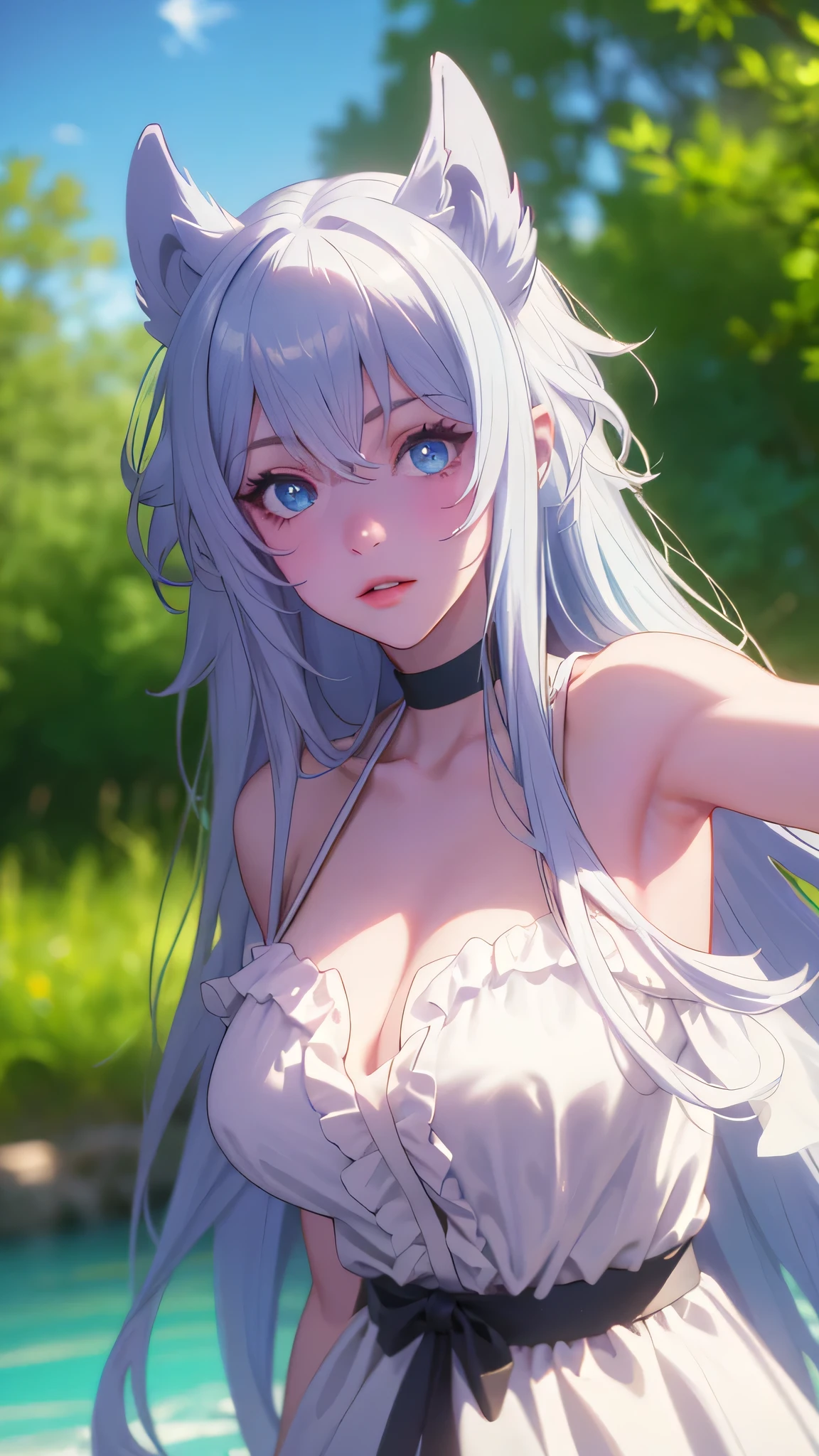 Upper body, photorealistic, (4k), depth of field, (Masterpiece), (realistic skin texture), extremely detailed, intricate, hyper detailed, professional photography, bokeh, high resolution, sharp detail, best quality, girl, white hair, long hair, animal ears, blue eyes, white dress, bracelets, bare shoulders, blue ribbon, chocker, gladiator sandals,dynamic pose, (Random Pose),  Garsen, stream, flowing water, blue sky,