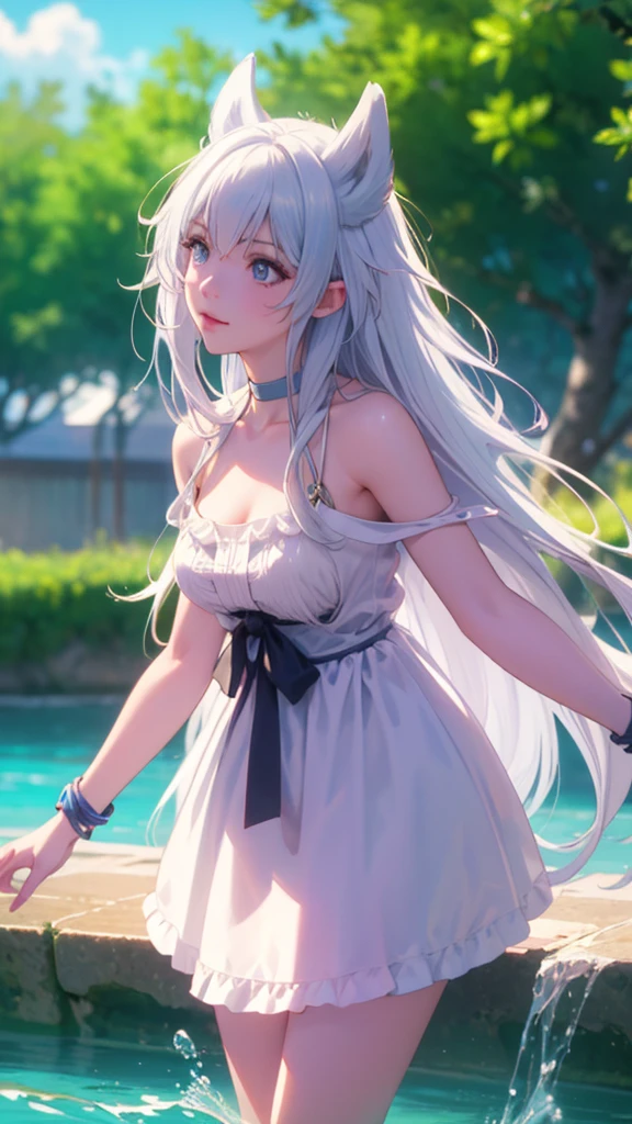 Upper body, photorealistic, (4k), depth of field, (Masterpiece), (realistic skin texture), extremely detailed, intricate, hyper detailed, professional photography, bokeh, high resolution, sharp detail, best quality, girl, white hair, long hair, animal ears, blue eyes, white dress, bracelets, bare shoulders, blue ribbon, chocker, gladiator sandals,dynamic pose, (Random Pose),  Cafe, stream, flowing water, blue sky,