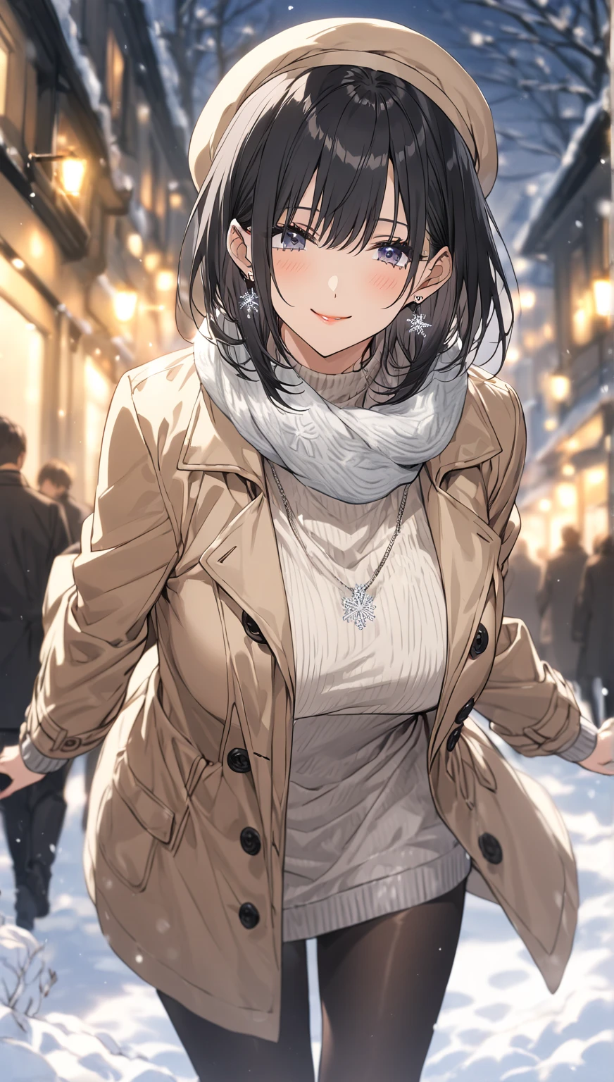 ((highest quality)), ((masterpiece)), (detailed), solo, young mature woman, shiny skin, glossy skin, black short hair, blue eyes, mouth close, smile, strolls through a snowy town, dressed warmly in a long, camel-colored coat with a soft cream turtleneck sweater underneath. She pairs this with dark leggings and knee-high brown boots. A woolen scarf in light gray wraps around her neck, and her short black hair peeks out from under a beret. Her silver earrings sparkle faintly against the frosty air, snowflakes fall gently around her." silver earrings glint subtly, big breast, ((depth of field, focus))