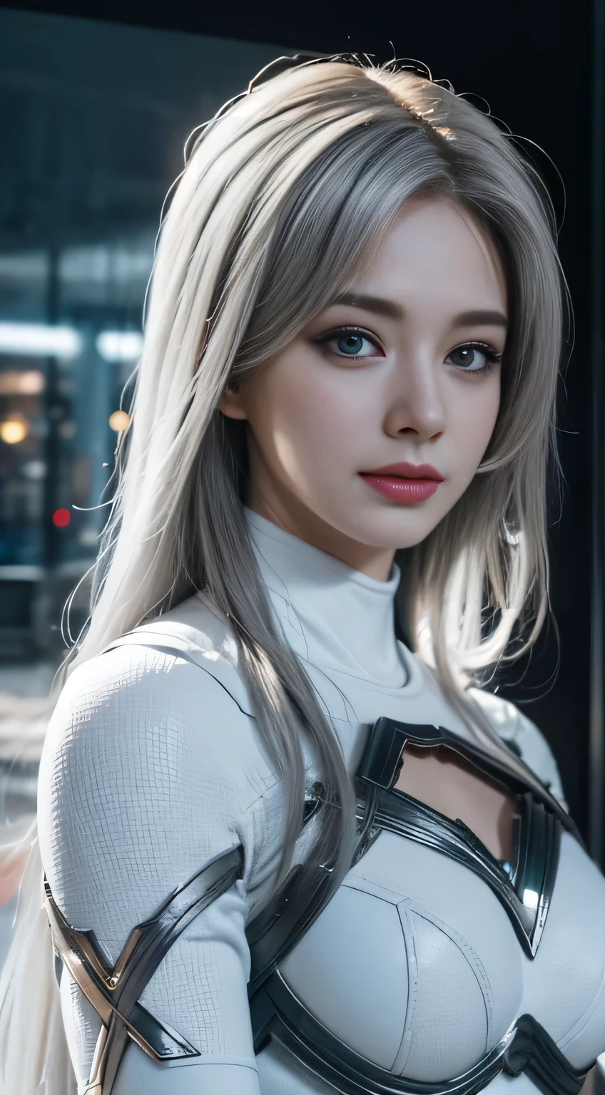 (White Superhero Theme Supergirl),( Apocalyptic city destroyed:1.4),(superchica:1.4), (gray white hair ),More detailed 8K.unreal engine:1.4,UHD,La Best Quality:1.4, photorealistic:1.4, skin texture:1.4, Masterpiece:1.8,first work, Best Quality,object object], (detailed face features:1.3), (Detailed hands:1.4), 