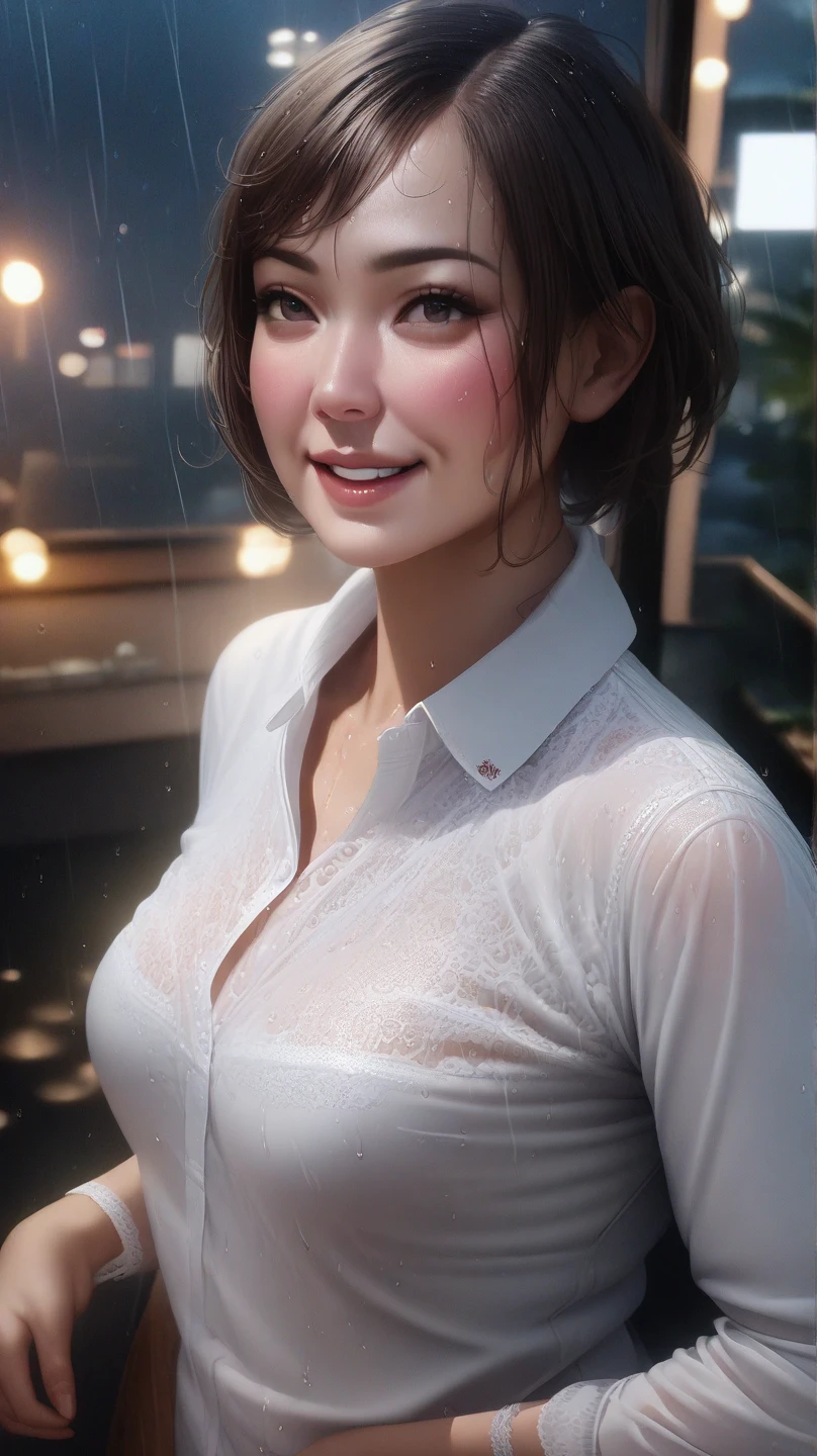 ((Best quality, 8k, Masterpiece: 1.3)), Sharp focus: 1.2, A beautiful woman with perfect body: 1.4, Slim abdomen: 1.2, ((Layered haircut, Large breasts: 1.2)), (no bra) (Small and beautiful hard nipple) (Thin and damp button up to shirt length: 1.1), (White shirt wet by rain), (Rain, Street: 1.2), Wet body: 1.1, Highly detailed face and skin texture, Detailed eyes, Double eyelid, tanned skin, sexy, tan, dark skin, tanned body, exposed shoulders, cleavage