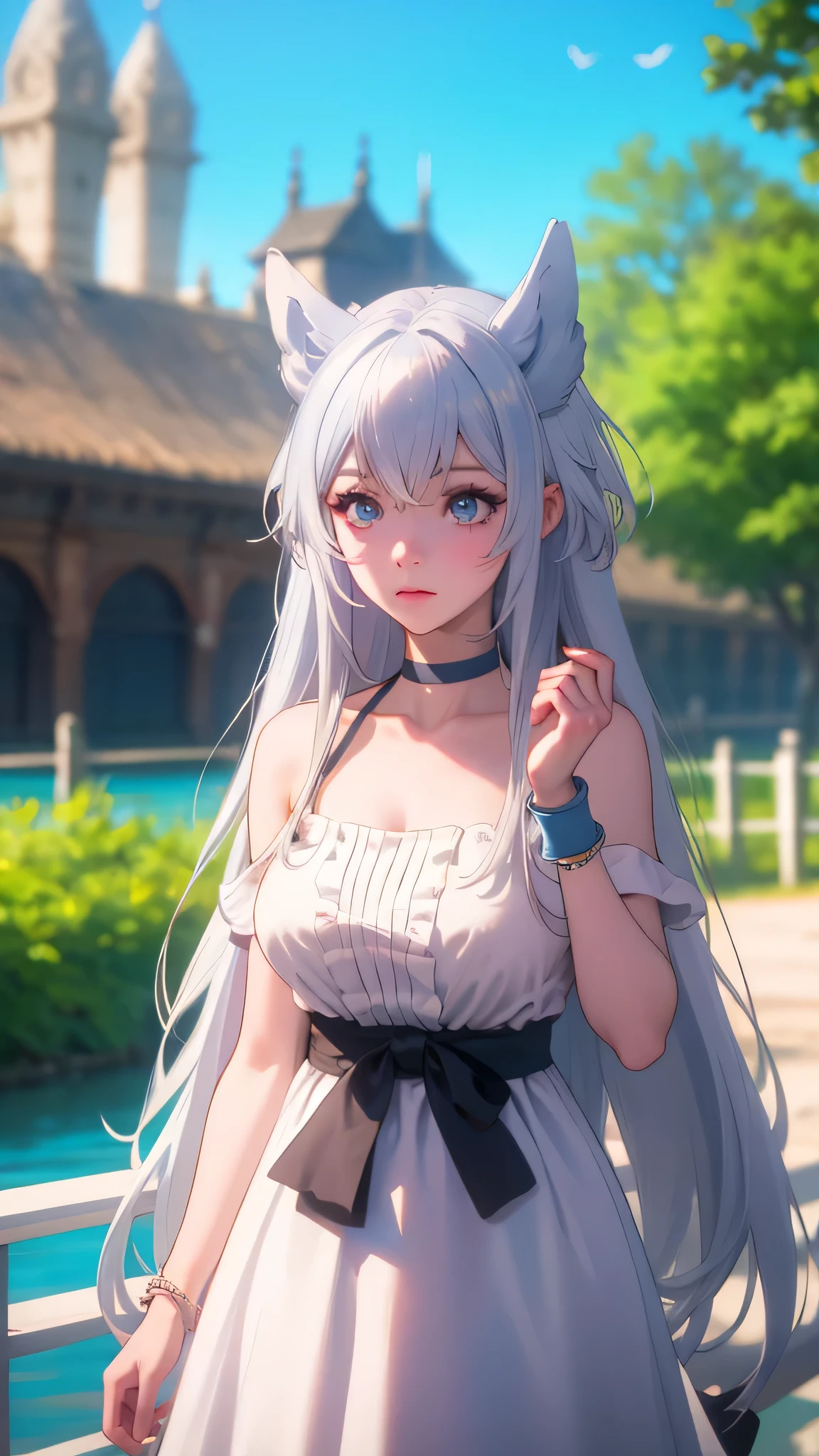 Upper body, photorealistic, (4k), depth of field, (Masterpiece), (realistic skin texture), extremely detailed, intricate, hyper detailed, professional photography, bokeh, high resolution, sharp detail, best quality, girl, white hair, long hair, animal ears, blue eyes, white dress, bracelets, bare shoulders, blue ribbon, chocker, gladiator sandals,dynamic pose, (Random Pose),  Cafe, stream, flowing water, blue sky,