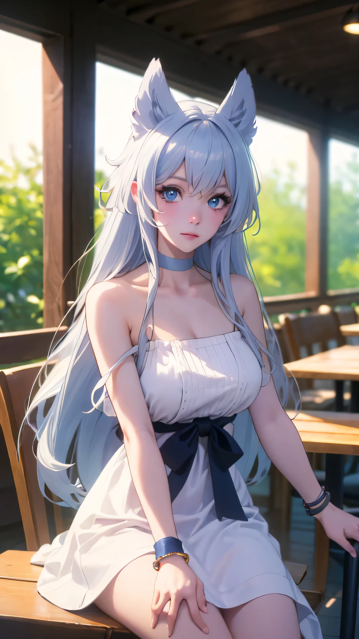 Upper body, photorealistic, (4k), depth of field, (Masterpiece), (realistic skin texture), extremely detailed, intricate, hyper detailed, professional photography, bokeh, high resolution, sharp detail, best quality, girl, white hair, long hair, animal ears, blue eyes, white dress, bracelets, bare shoulders, blue ribbon, chocker, gladiator sandals,dynamic pose, (Random Pose),  Sit on chair in Cafe