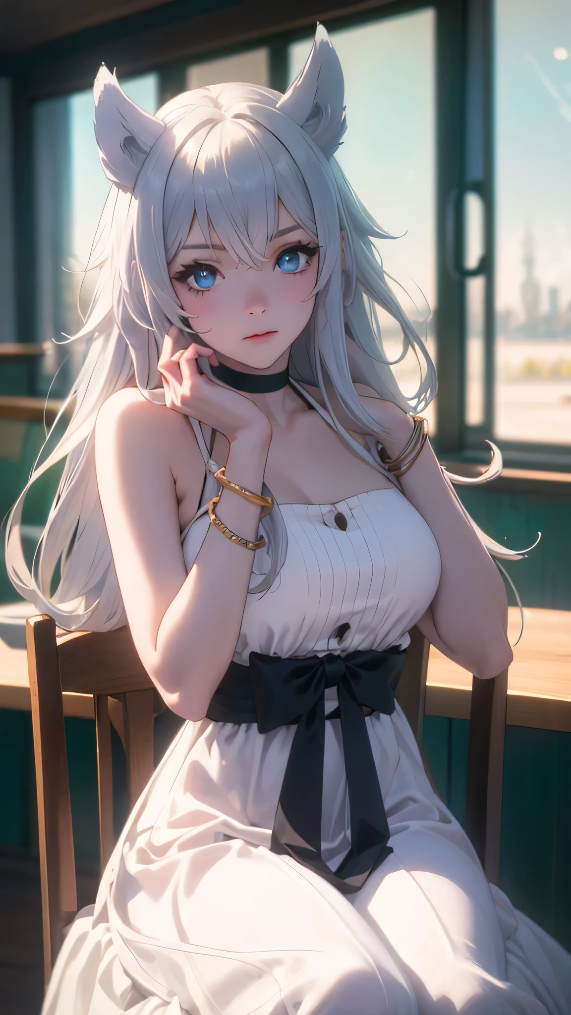 Upper body, photorealistic, (4k), depth of field, (Masterpiece), (realistic skin texture), extremely detailed, intricate, hyper detailed, professional photography, bokeh, high resolution, sharp detail, best quality, girl, white hair, long hair, animal ears, blue eyes, white dress, bracelets, bare shoulders, blue ribbon, chocker, gladiator sandals,dynamic pose, (Random Pose),  Sit on chair in Cafe