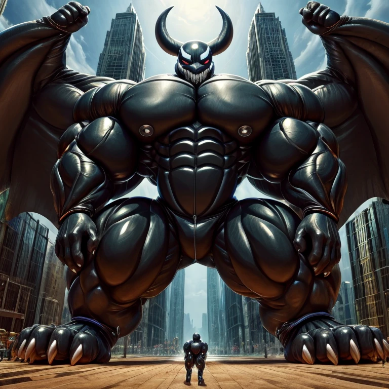 - masterpiece. official art. 8k. best quality. detailed full body. full body.
- black latex muscle suit. Extra latex Muscle Suit. The entire body, including the face, is black.
- Extra latex Muscle Suit and VENOM fused.
- large muscles,  big muscle, huge muscles,  massive muscles,  glistening muscles,
- dominating Extra latex Muscle Suit. He has long legs. focus GIANT mechanical Muscular Extra latex Muscle Suit is trampling the city. Looking down. macro. stomp. Low-angle perspective. emphasizing the immense size.
- Spread wings. It has wings. black have big wings. 
- The nails are sharp. The nails are black. There are five fingers.
- The toenails are sharp. The toenails are black. There are five toes.

- There are no nipples.