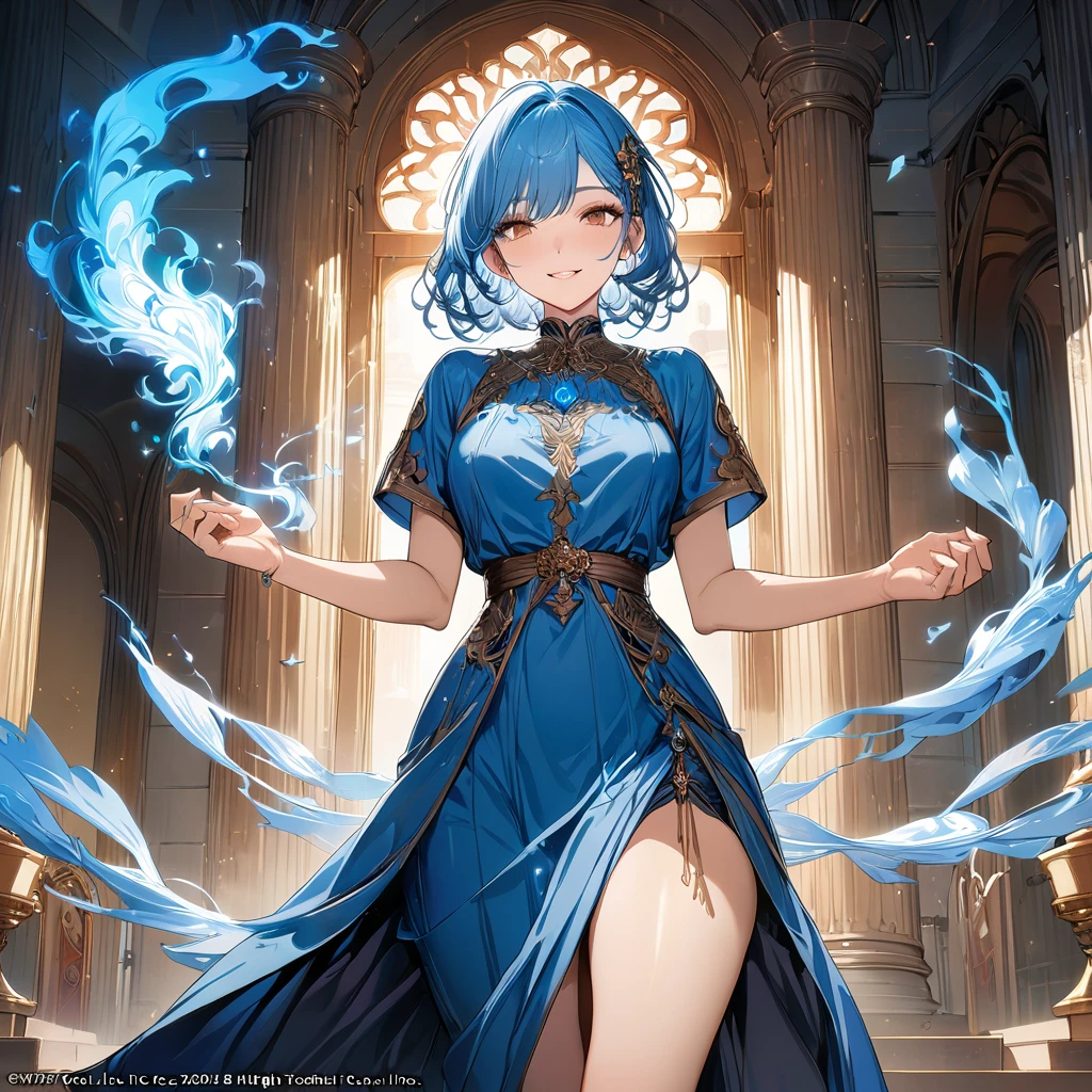 (masterpiece, best quality, best quality, official art, beautiful and aesthetic:1.2),(8k, best quality, masterpiece:1.2), (((masterpiece))),(((best quality))),(((highly detailed))),illustration, who, (masterpiece, best quality, best quality, official art, beautiful and aesthetic:1.2),(8k, best quality, masterpiece:1.2),masterpiece, best quality, illustration, high resolution, very detailed, 1girl, ,epic fantasy scene, she looks happy, blue fire, female, long grayish blue hair, brown eyes, independent woman, smiling, white background, magic theme, modest clothing, clenched fists, skirt pulled down, closed clothing, open hands, red rope on elbows,