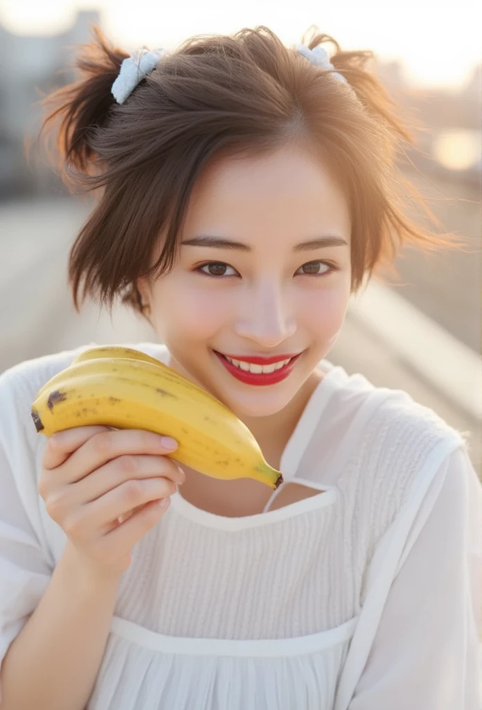  , long hair、ponytail、Prime head,Big Mouth、Fumino eating a banana, Fuller lips, Beautiful Hair, she is eating a banana,Woman with her mouth wide open , She is eating a banana,beautiful black hair、Angel Halo , sakimichan,  , 