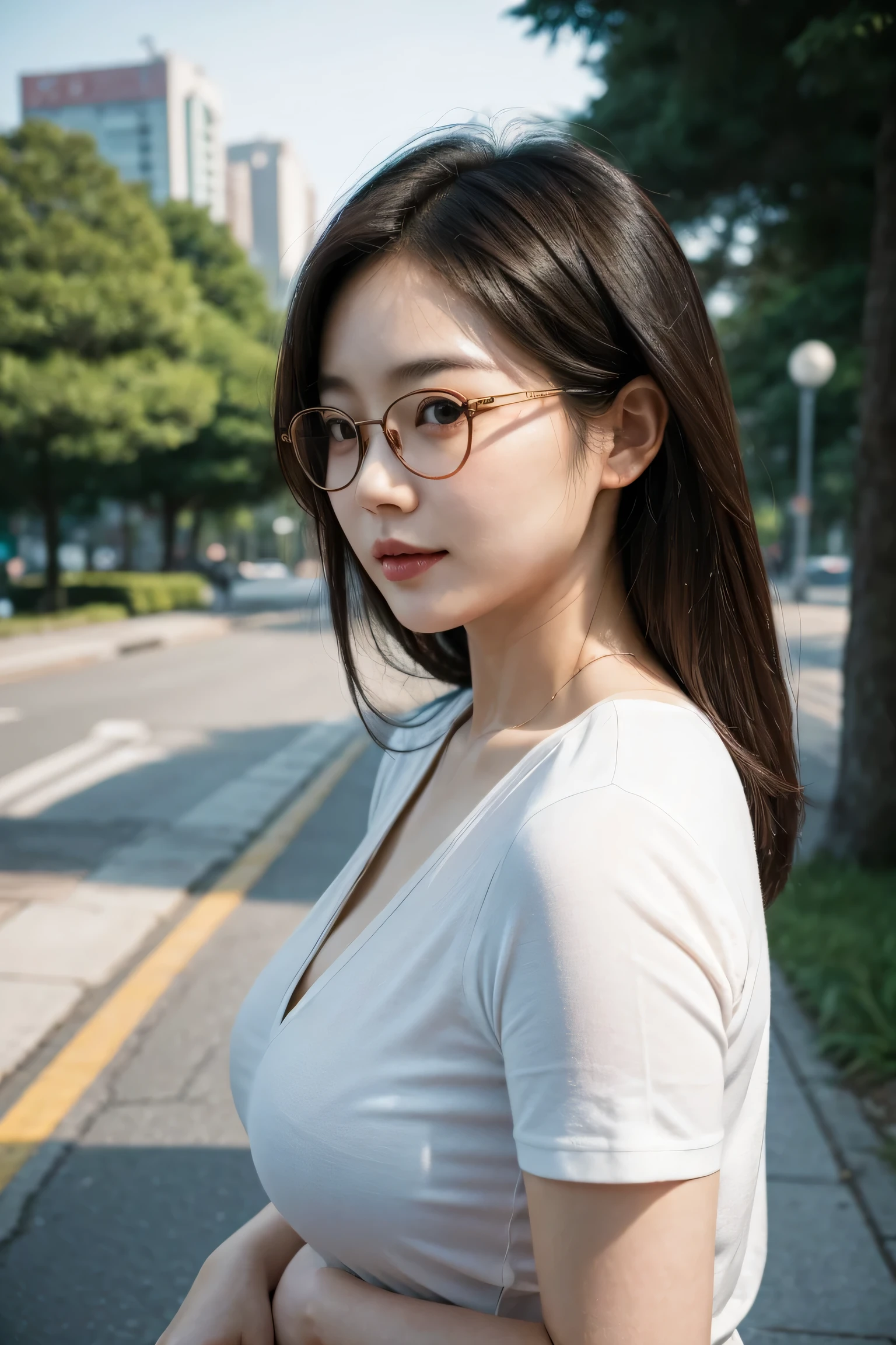 cinematic, Korean woman in her 20s, small smile, wearing glasses, city pop style, side view, Casual, super detail, in park