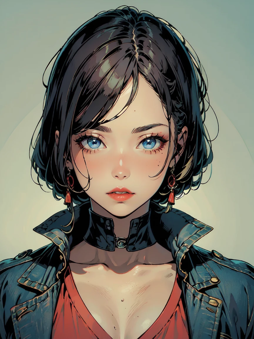  blue eyes,  red lips,  portrait,  official artwork ,  line art , 40 years old