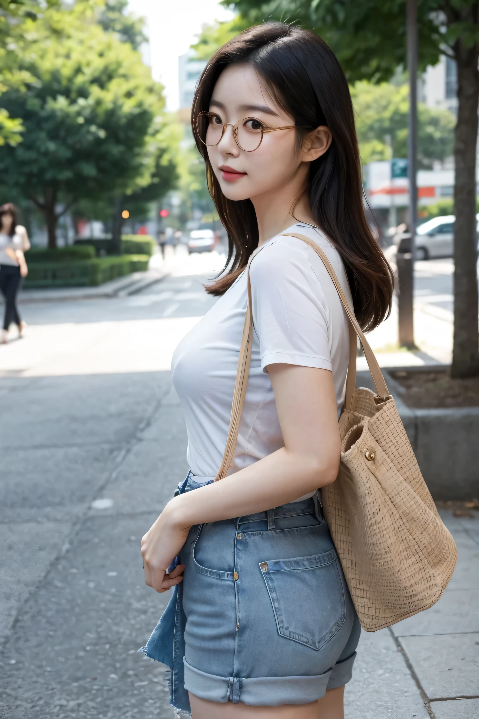 cinematic, Korean woman in her 20s, small smile, wearing glasses, city pop style, side view, Casual, super detail, in park, cross bag