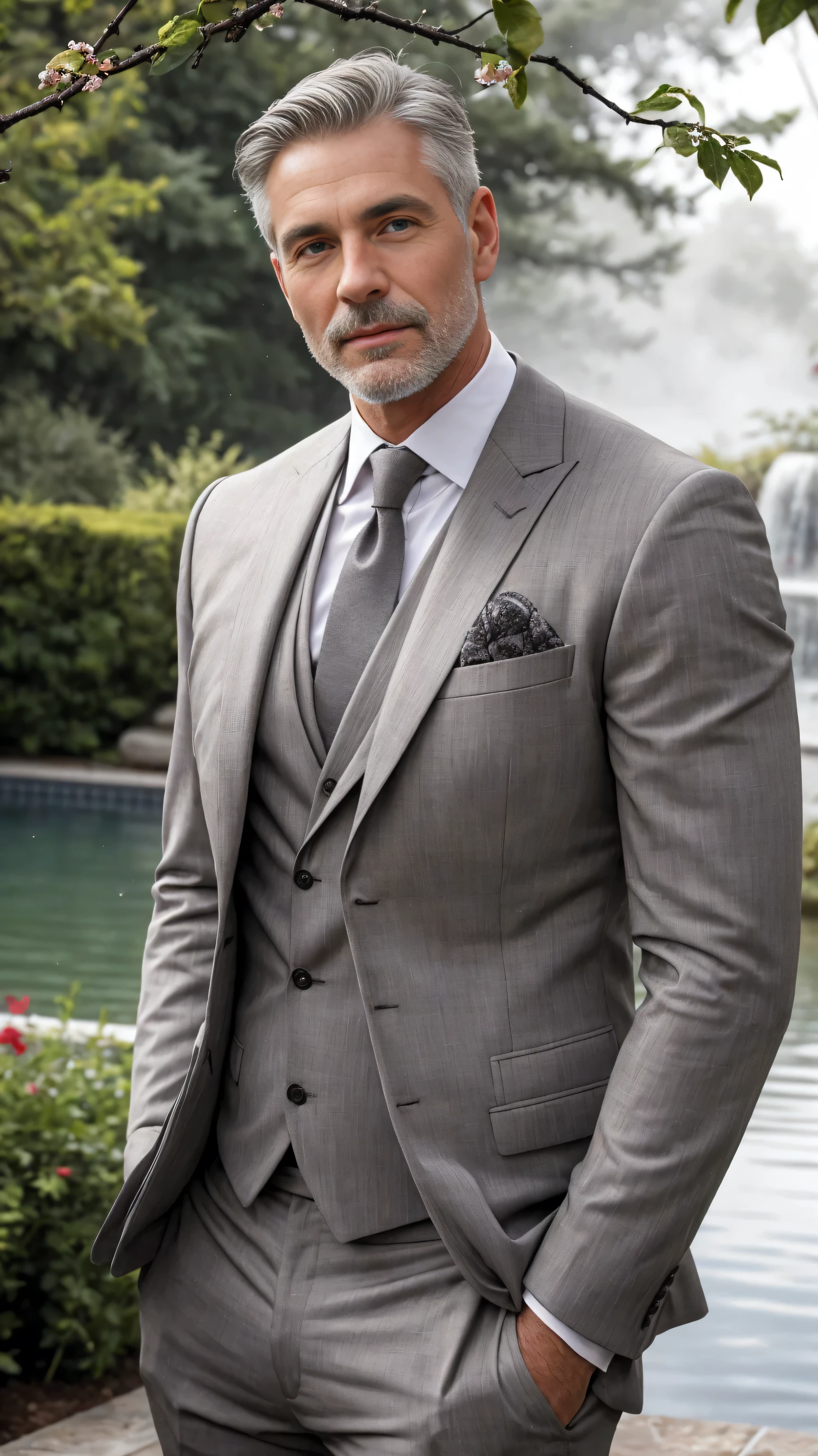 Outdoor Hot Spring Hall Garden Landscape! Stone lamp! Beautiful environment! Water and fog!Best quality, masterpiece, ultra high res,detailed background,solo,male,mature,bara,muscular,mature male,silver formal suit,office,salaryman, ,plants, from below, depth of field,, mature male, arm hair, ! Skinny and tall!(Chest hair:1.8) ! High detail 8K)! ((Realistically)), ! 186 cm! 70 kilograms! Popular clips! ( High-detail 8k ((realistically)), big hairy black areola! , best quality, bright lighting, focus, theater! 3, hairy breasts, thick hair , Reddit, photo realism, gray hainely sculpted eyes! gray hair!, body perfect blend of organic and artificial,midjourney gray hair!! photo realism, Short hair! Outdoor。Beautiful calves hair!!!!,Germany Male !Height 208cm, small head! Germany! Advertisements with a sense of design ,Germany Male !, small head! More Detail High detail 8K)! Popular clips!, Dark skin, best quality, focus, ! 3, Adam Dario Kier screenshot, photo realism, Short hair! Gray hair!