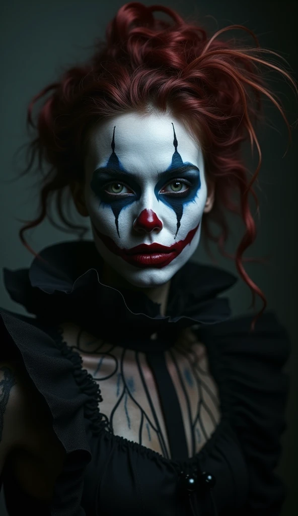 Nightmarish Makeup A detailed image highlighting the unsettling makeup of an evil clown, with exaggerated features, smeared colors, and unsettling patterns, adding to the sense of horror and deception, Ultra realism, color field printing, high detail, UHD, 8k, anatomically correct, cinematic lighting 4d quality --auto