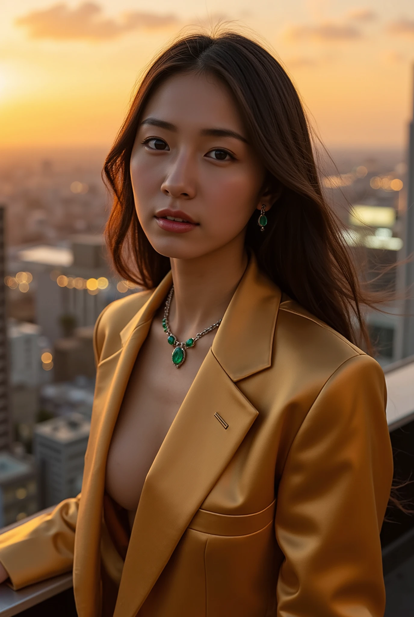 A high-fashion photoshoot on a skyscraper rooftop overlooking a breathtaking city skyline at dusk. The Asian girl model wears a golden satin suit with emerald jewelry, exuding luxury. The backdrop features the sunset with warm tones blending into the city lights. A slight wind tousles the model’s hair as they pose confidently, with the camera capturing the grandeur of urban sophistication.