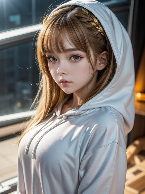 top-quality、masterpiece、超A high resolution、(Photorealsitic:1.4)、Raw photo、Detailed CG image quality、cyberpunked、Beautiful fece、1girl in、Future hair ornament、(White hoodie:1.3)、Colorful body paint、cleavage of the breast、(Hard erection:1.4)、( looking upwards:1.4)、detailed portrait、8K picture quality、bright colour、concept-art、Cinematic and dramatic atmosphere、foco nítido、Volumetric lighting、Cinematographic lighting、Wearing studio quality、Colorful neon lighting、depth of fields、Ambient lighting、Blurred foreground、blurry backround:1.3、
