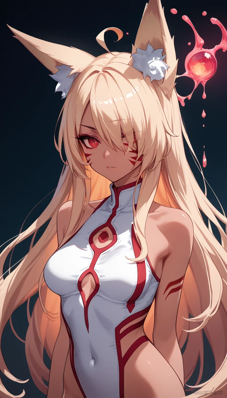  dark skin ,  hair covers the eye, rpg, bare shoulders, 1 girl,  long golden hair , 4K,  red eyes , , fox ears,  duration, hair template ,   red stripes on face,  compose, black mascara, sleeveless, bris iere , ,  dissolution of clothes, acid ,  naked body, 2D