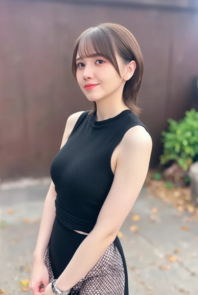  only one woman with a cute smile is cute, 8k,  RAW photo,  best quality, masterpiece:1.2),(Realistic, photo-Realistic:1.37),  super detailed, I'm wearing a sleeveless black blouse that fits my face ,  almost transparent leggings without pants and 、Wearing a fitted black turtleneck ,  wearing black tights,  cinematic lighting ,
