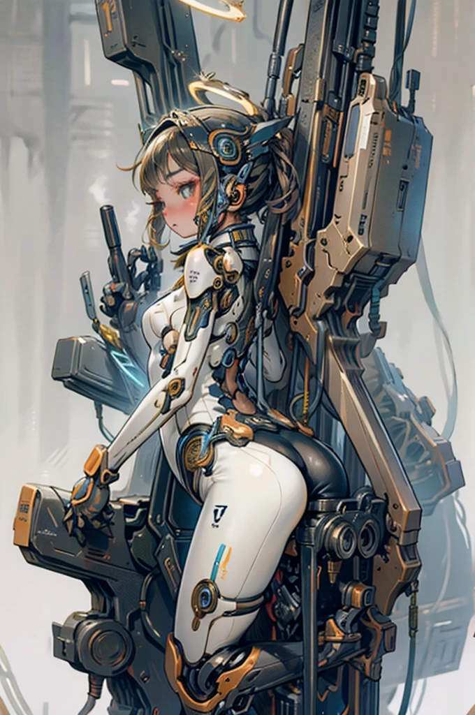 
Teenage girl, liquid body suit, fluid armor (carrying a halo-like machine on her back, elegant and intricate design), sensational, cool pose